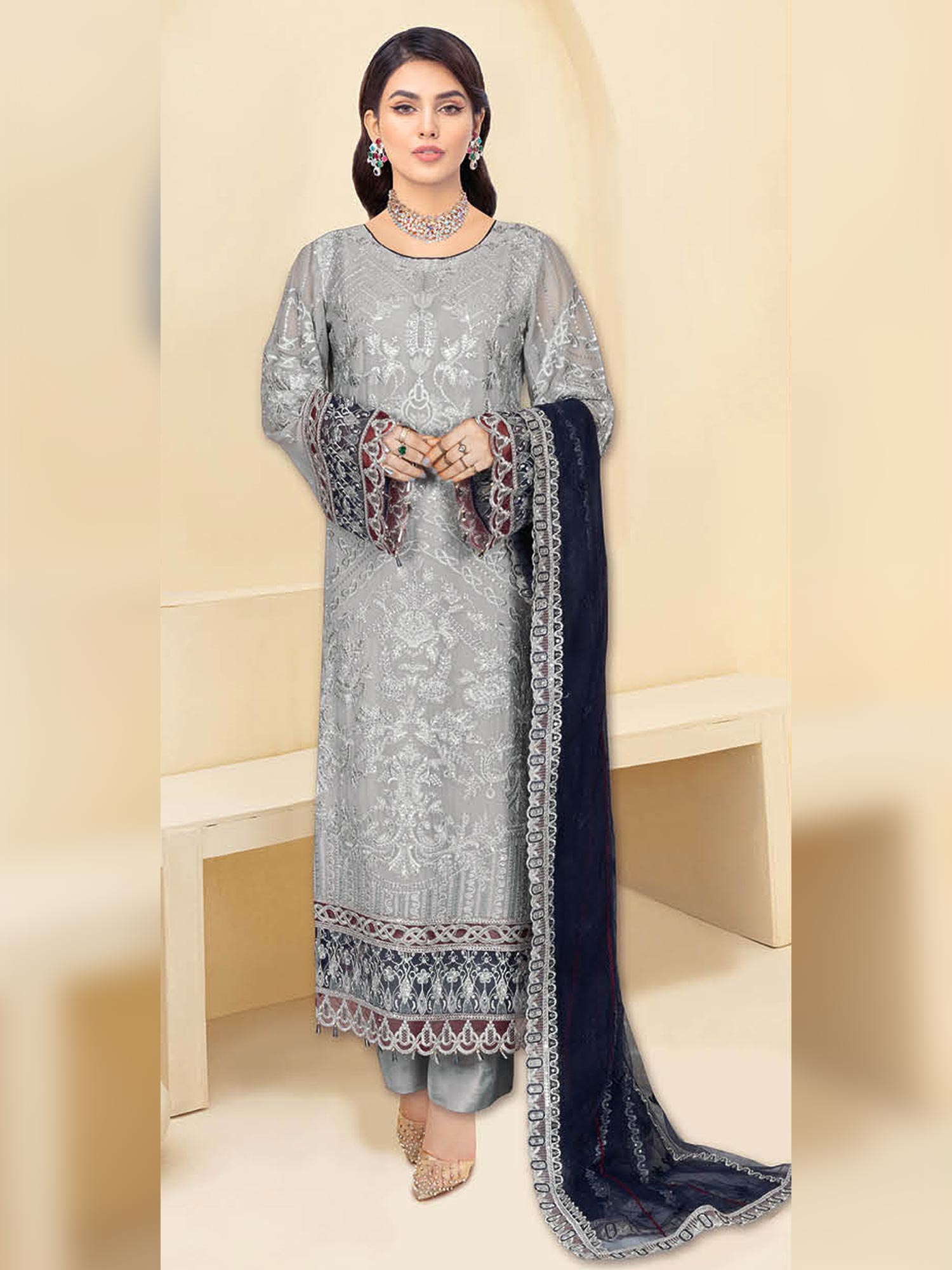 Ramsha "Kashish" Luxury Embroidered Chiffon Suit - Grey