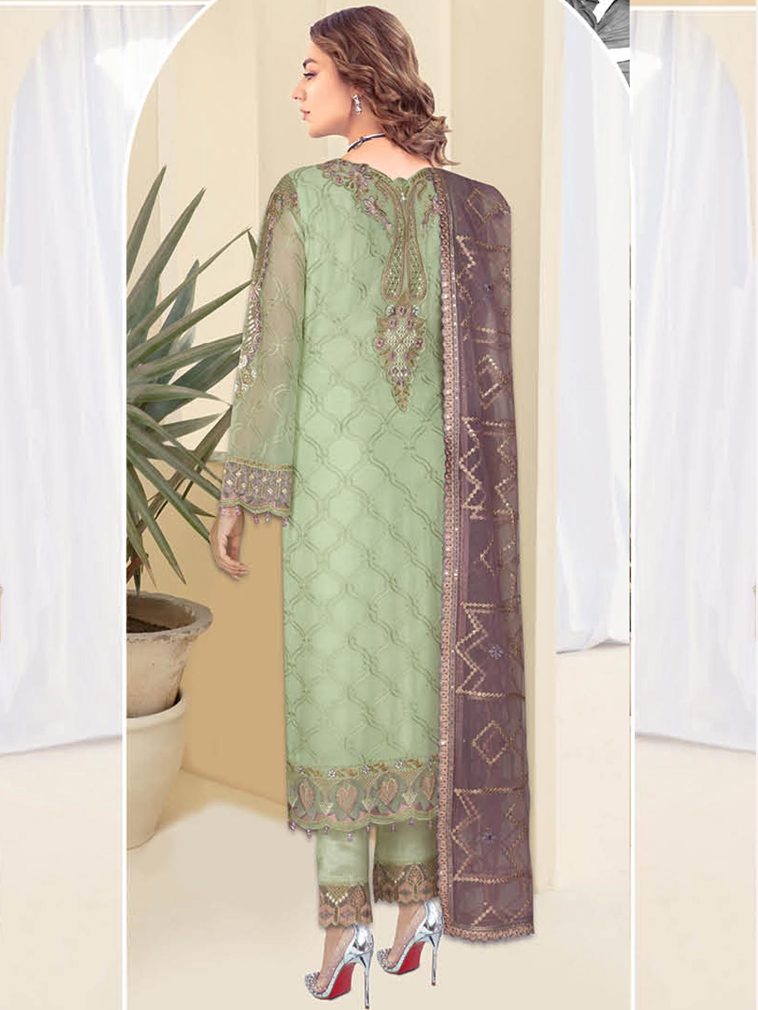 Ramsha "Kashish" Luxury Embroidered Chiffon Suit - Light Green