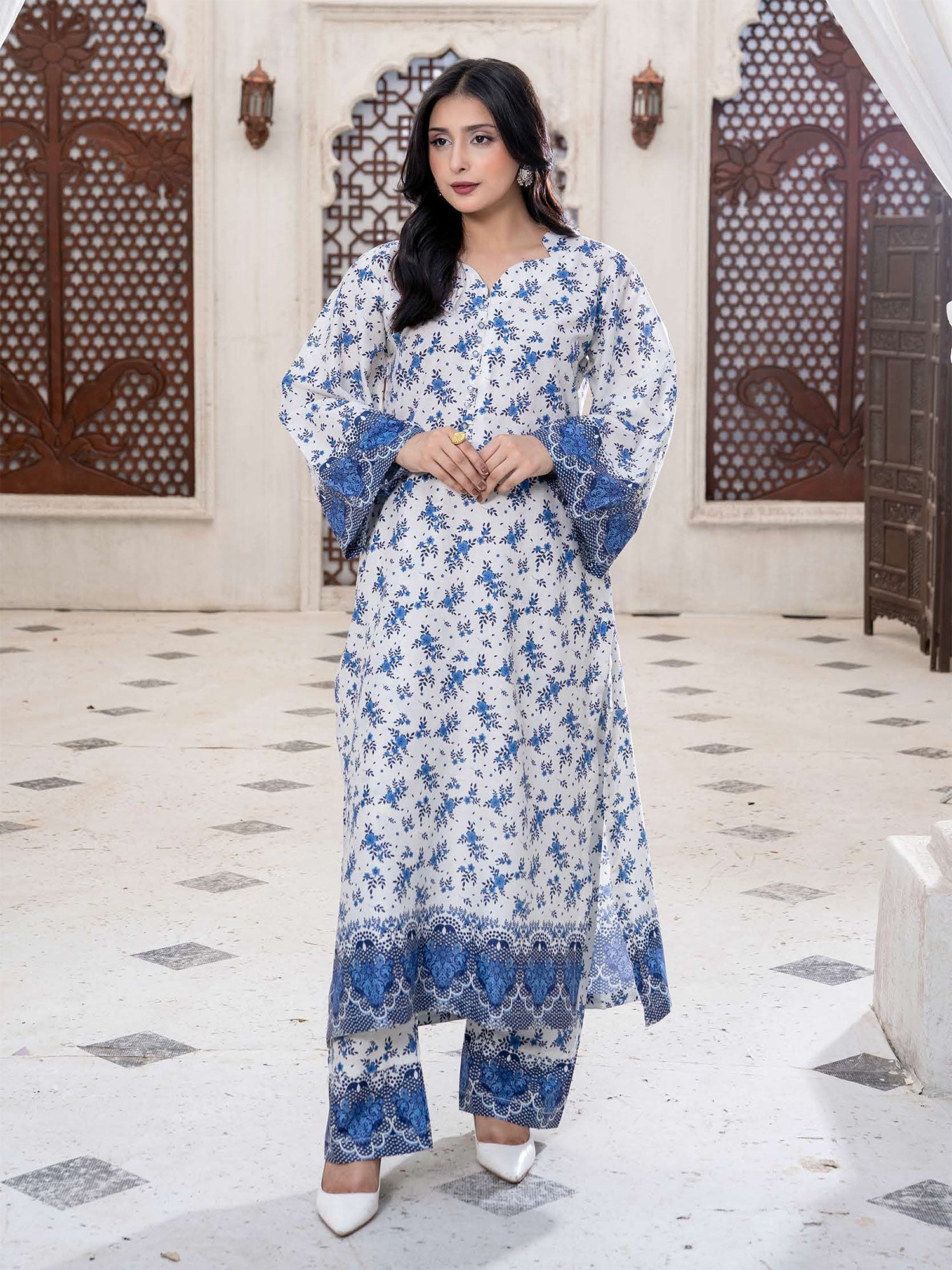 Rangz Summer Basics Lawn 2-Piece Co-Ords - White & Blue