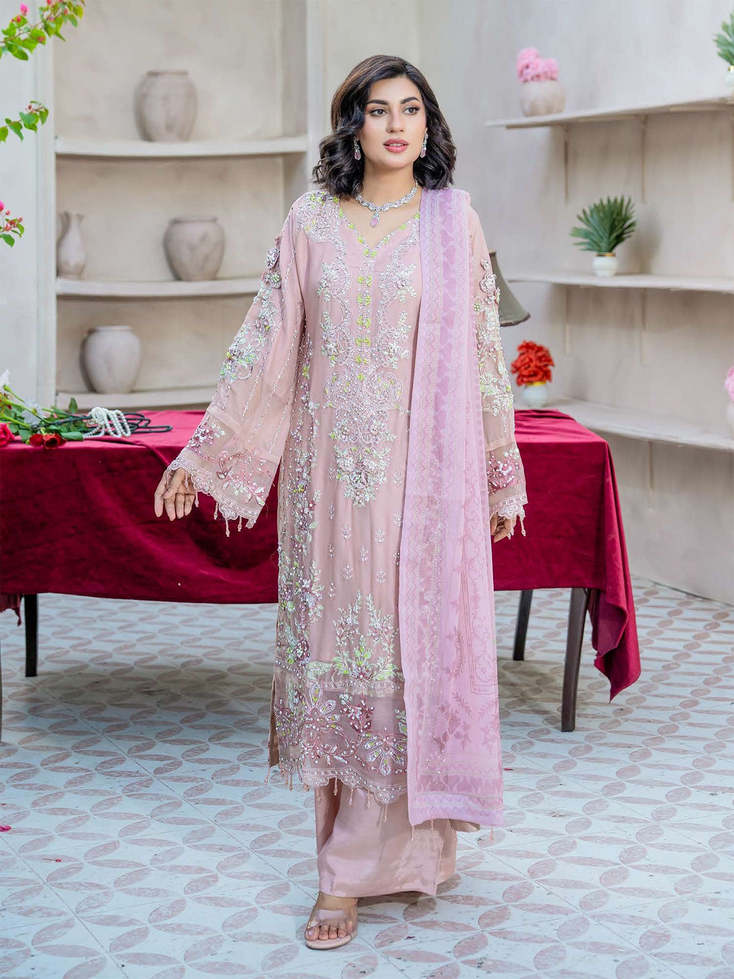 Rangz "Maeri" Embroidered Chiffon 3-Piece Suit - Pink
