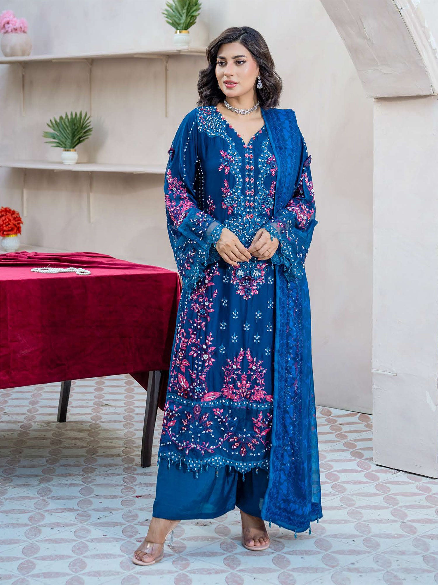 Rangz "Maeri" Embroidered Chiffon 3-Piece Suit - Blue