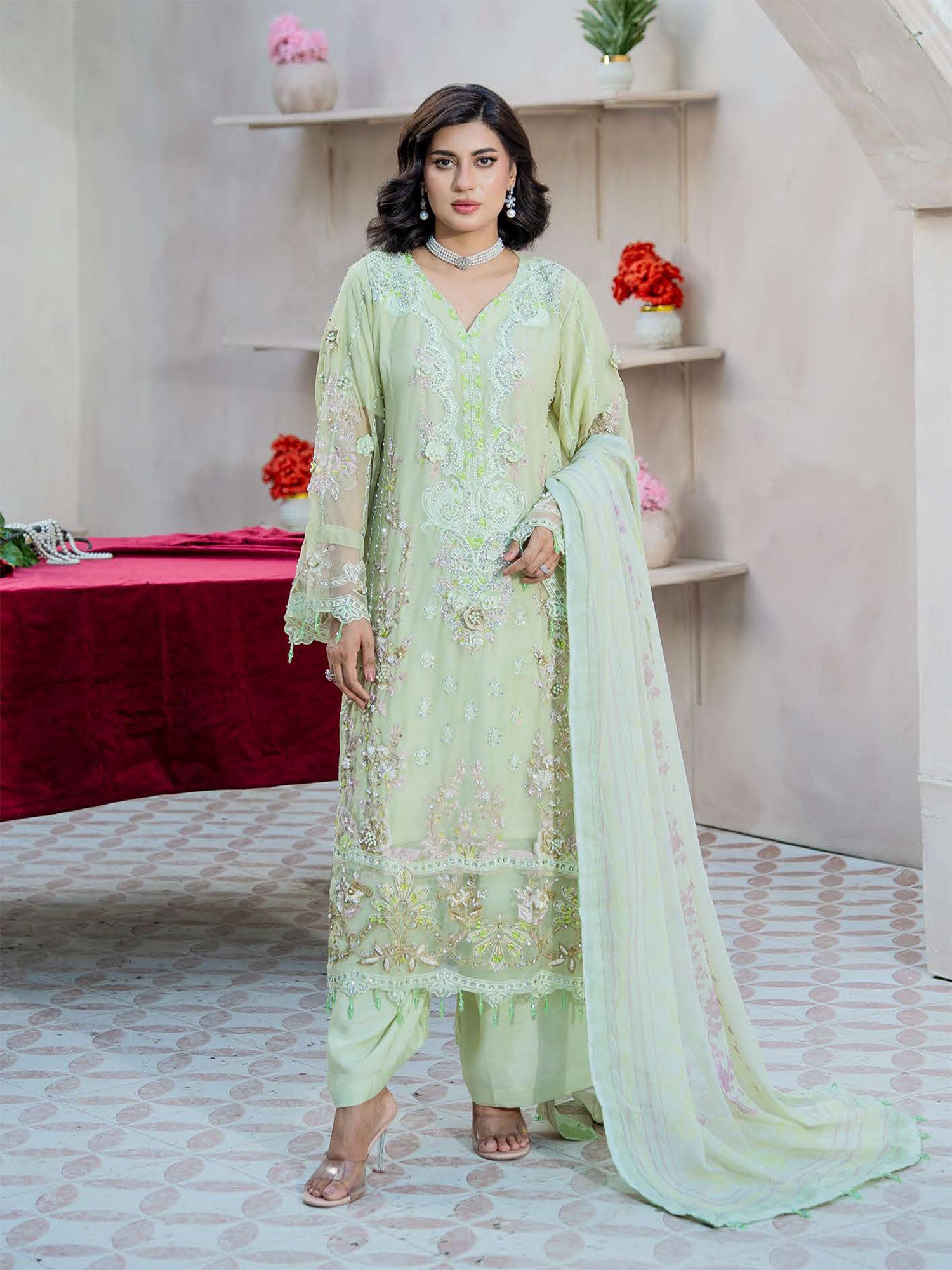 Rangz "Maeri" Embroidered Chiffon 3-Piece Suit - Light Green