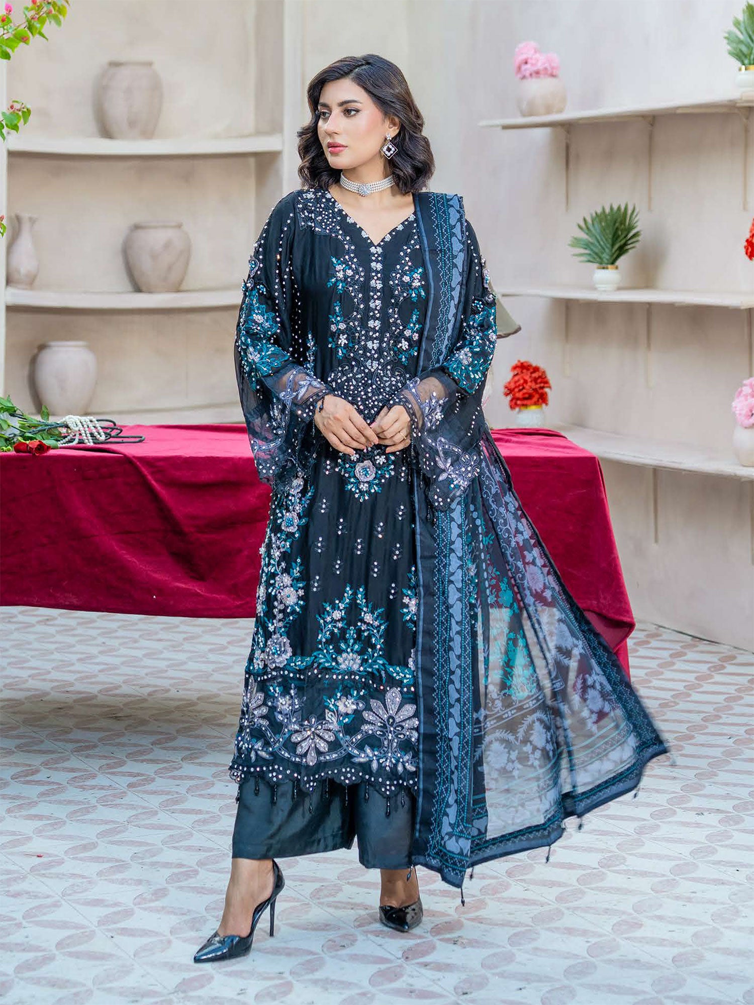 Rangz "Maeri" Embroidered Chiffon 3-Piece Suit - Dark Zinc