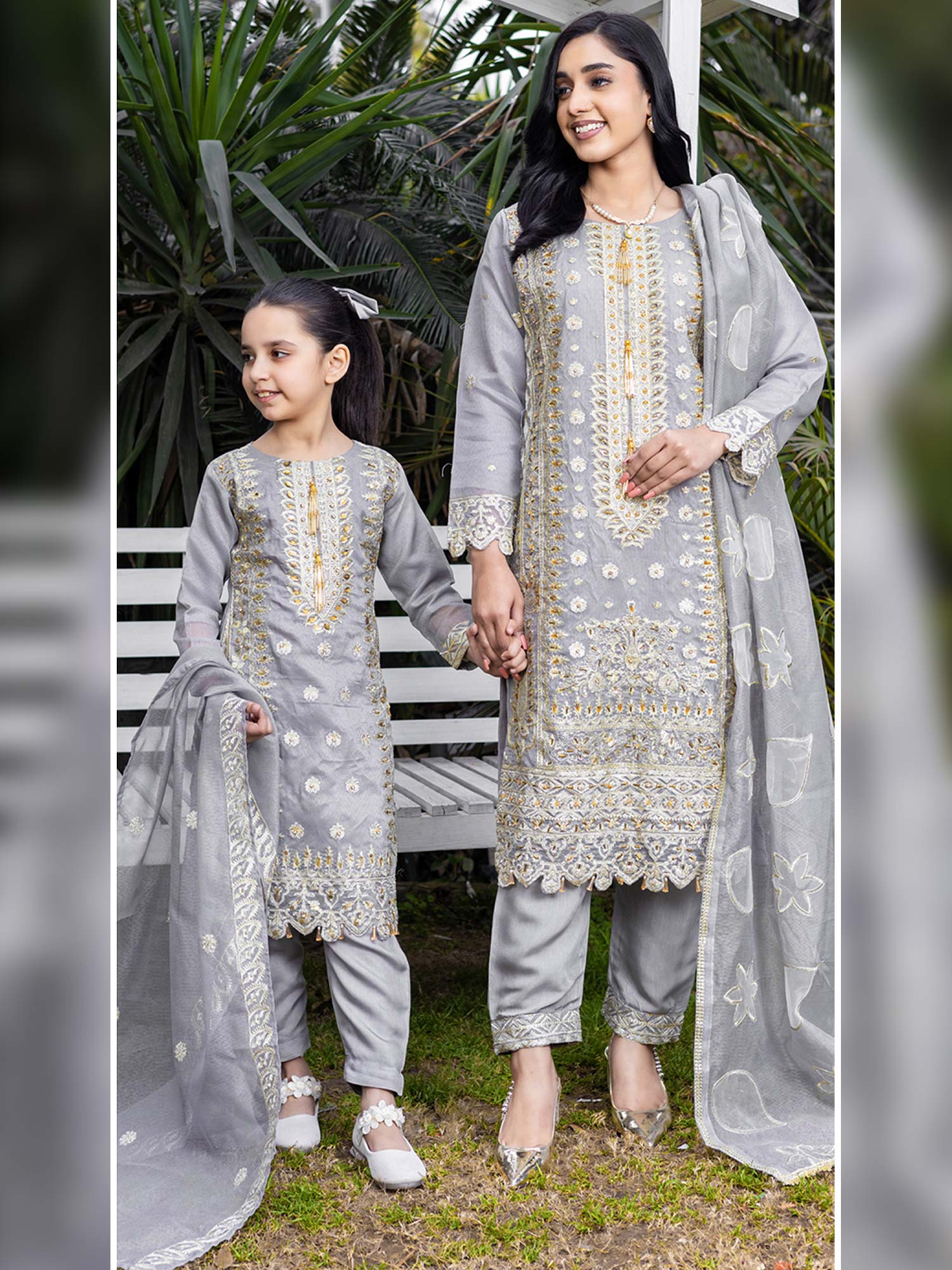 Rangz Khadi Net Mother-Daughter 3-Piece Suit - Grey