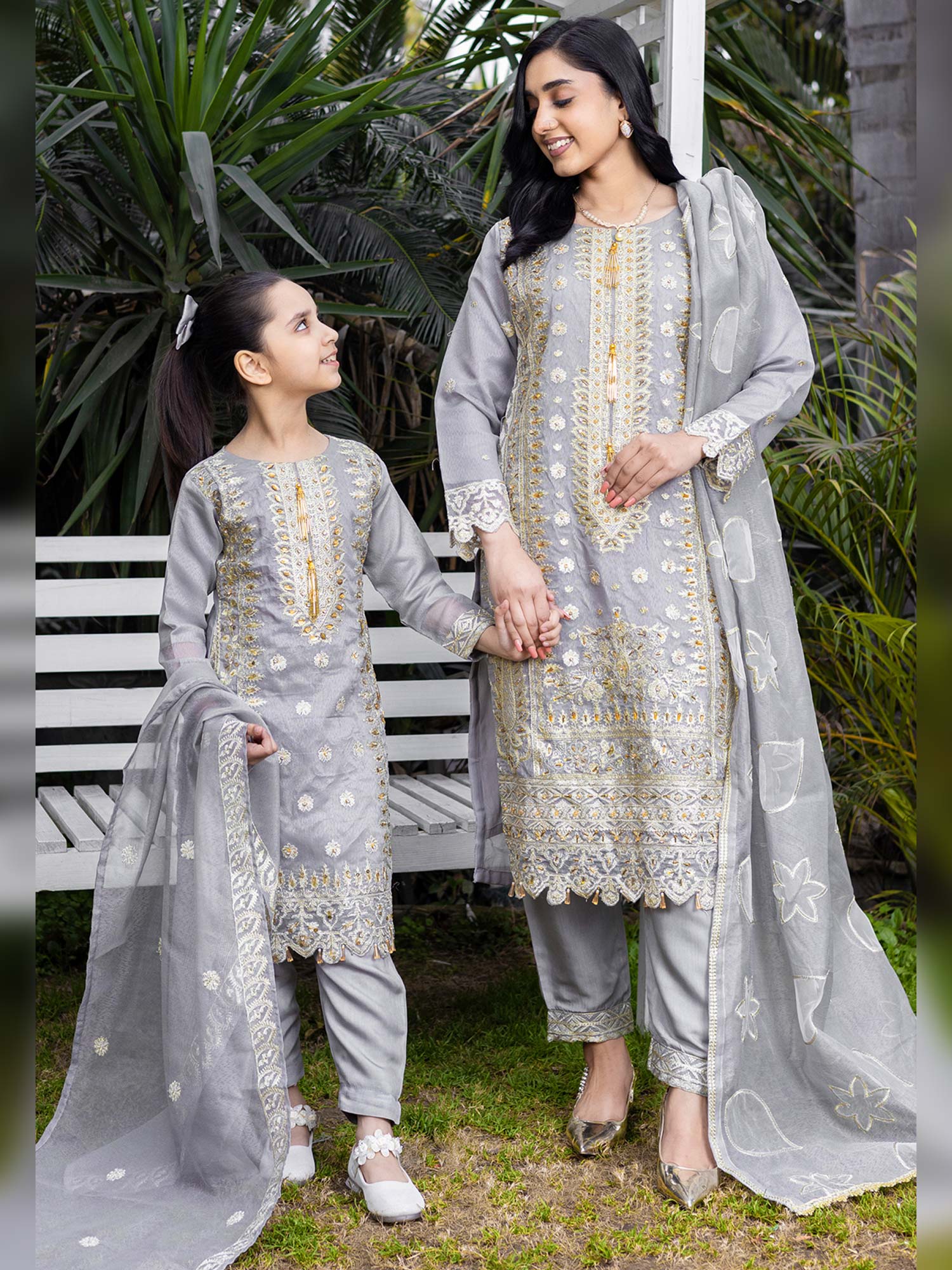 Rangz Khadi Net Mother-Daughter 3-Piece Suit - Grey
