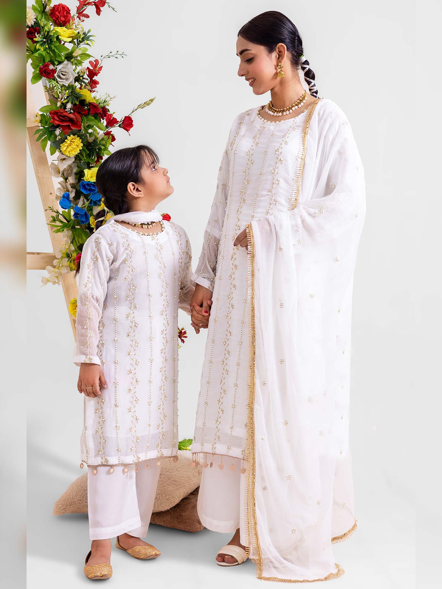 Rangz Chiffon Mother-Daughter 3-Piece Suit - White