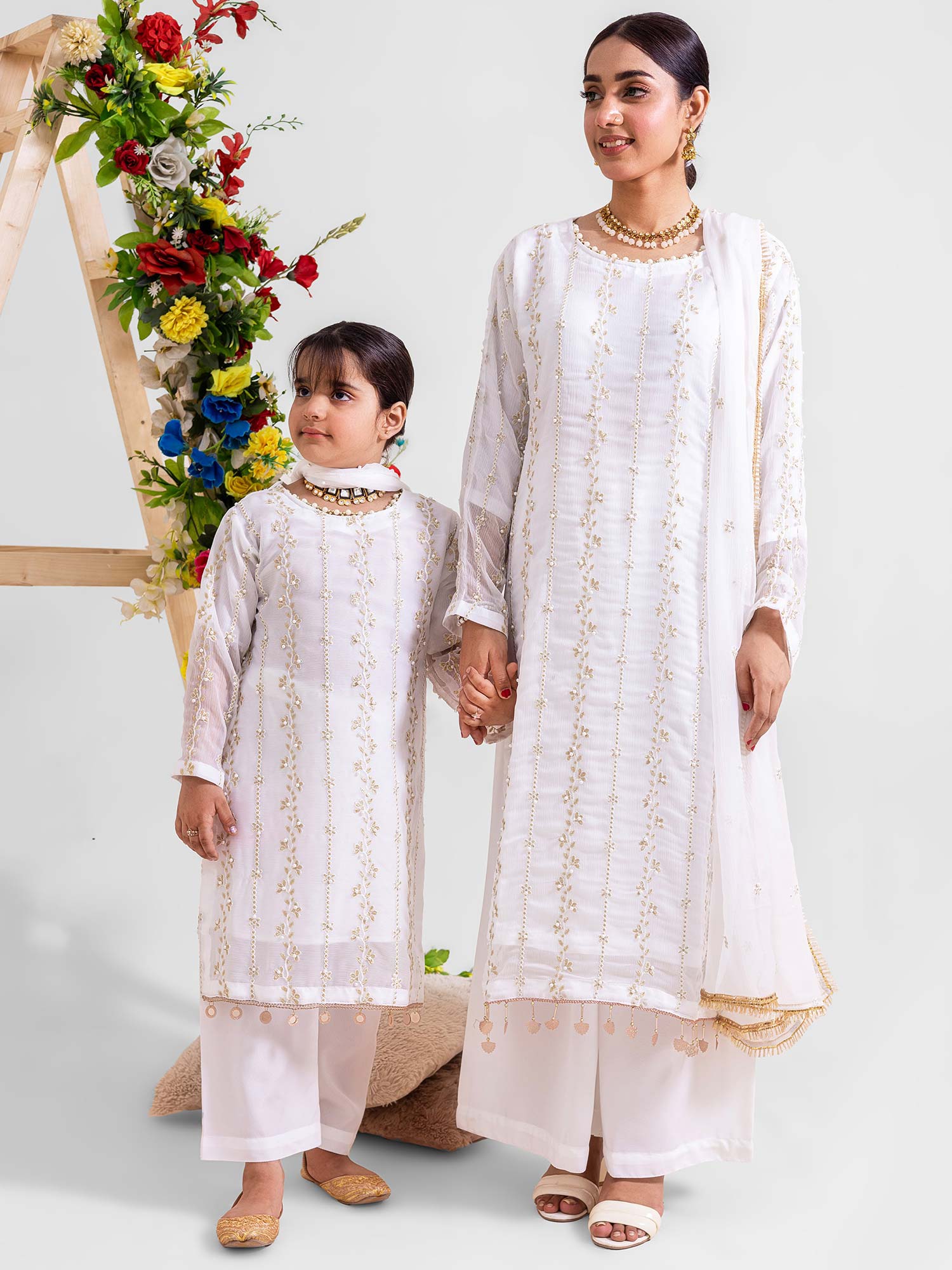 Rangz Chiffon Mother-Daughter 3-Piece Suit - White