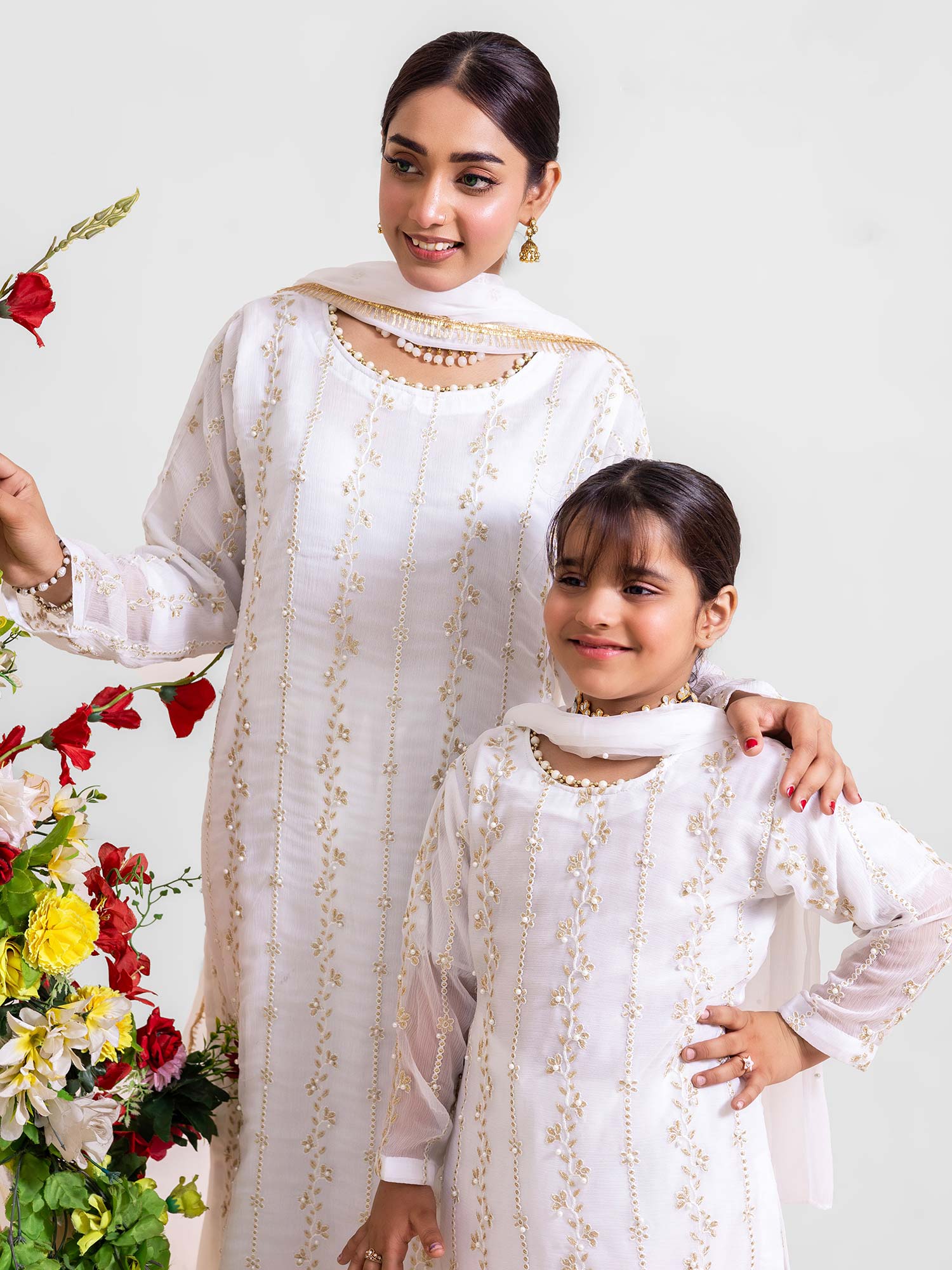 Rangz Chiffon Mother-Daughter 3-Piece Suit - White