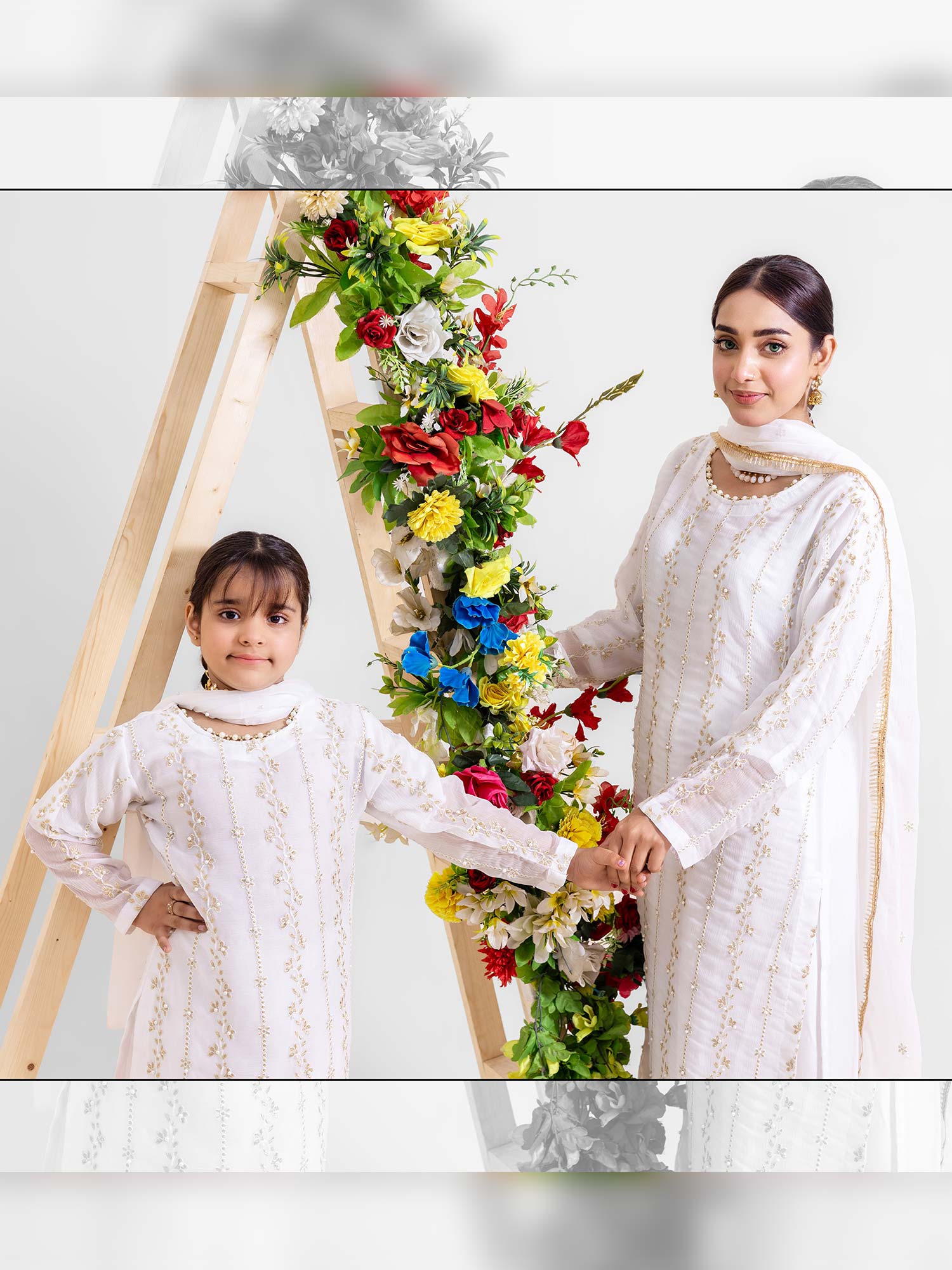 Rangz Chiffon Mother-Daughter 3-Piece Suit - White