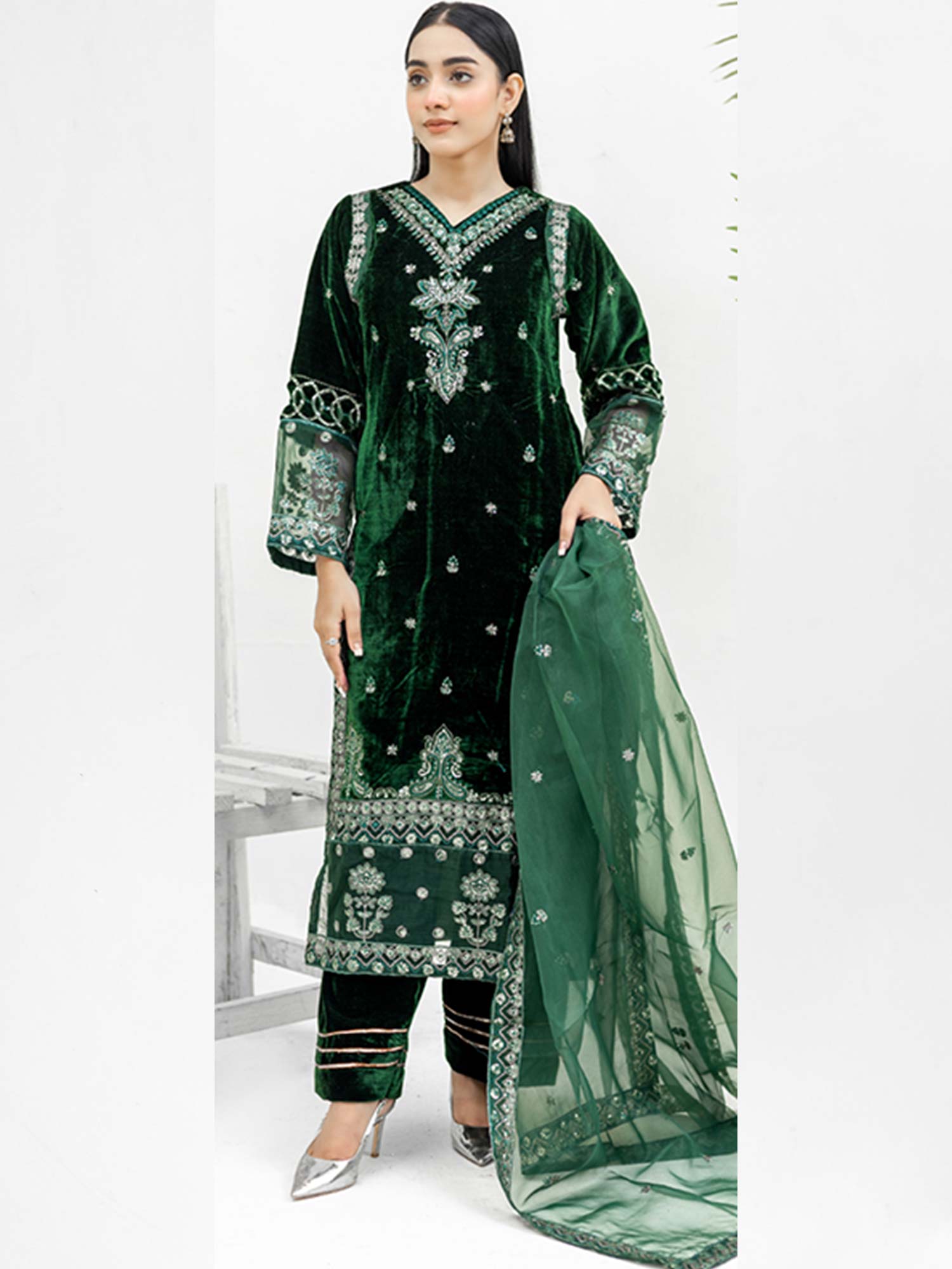 Rangz Velvet Embroidered 3-Piece Suit - Green