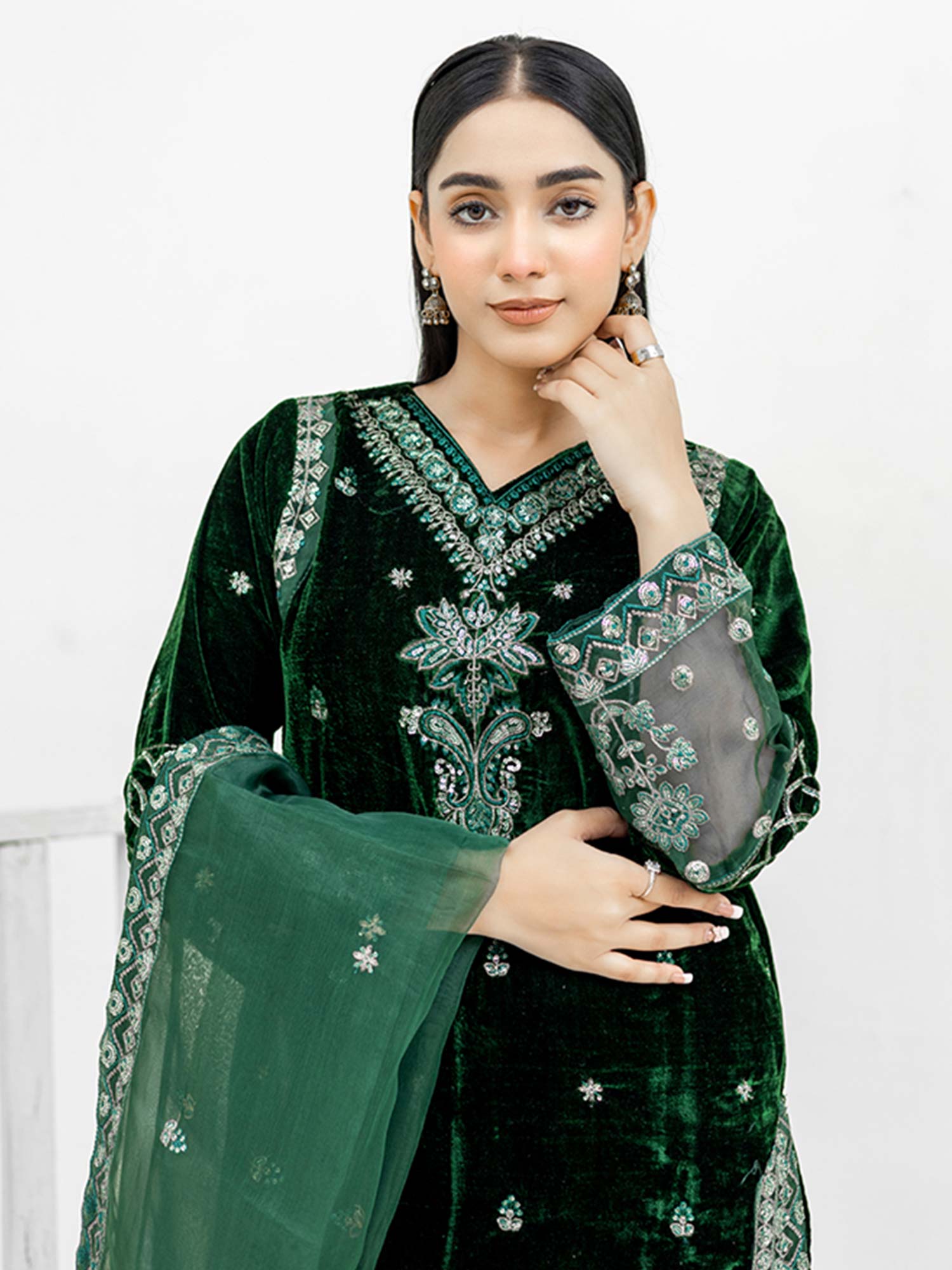 Rangz Velvet Embroidered 3-Piece Suit - Green