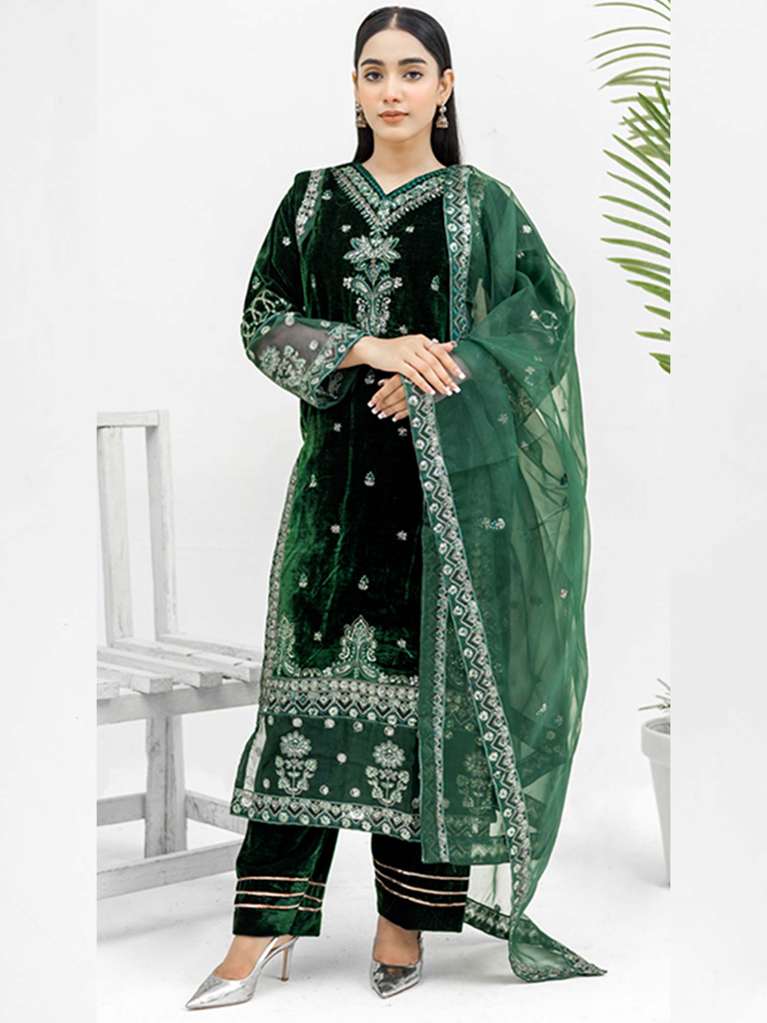 Rangz Velvet Embroidered 3-Piece Suit - Green