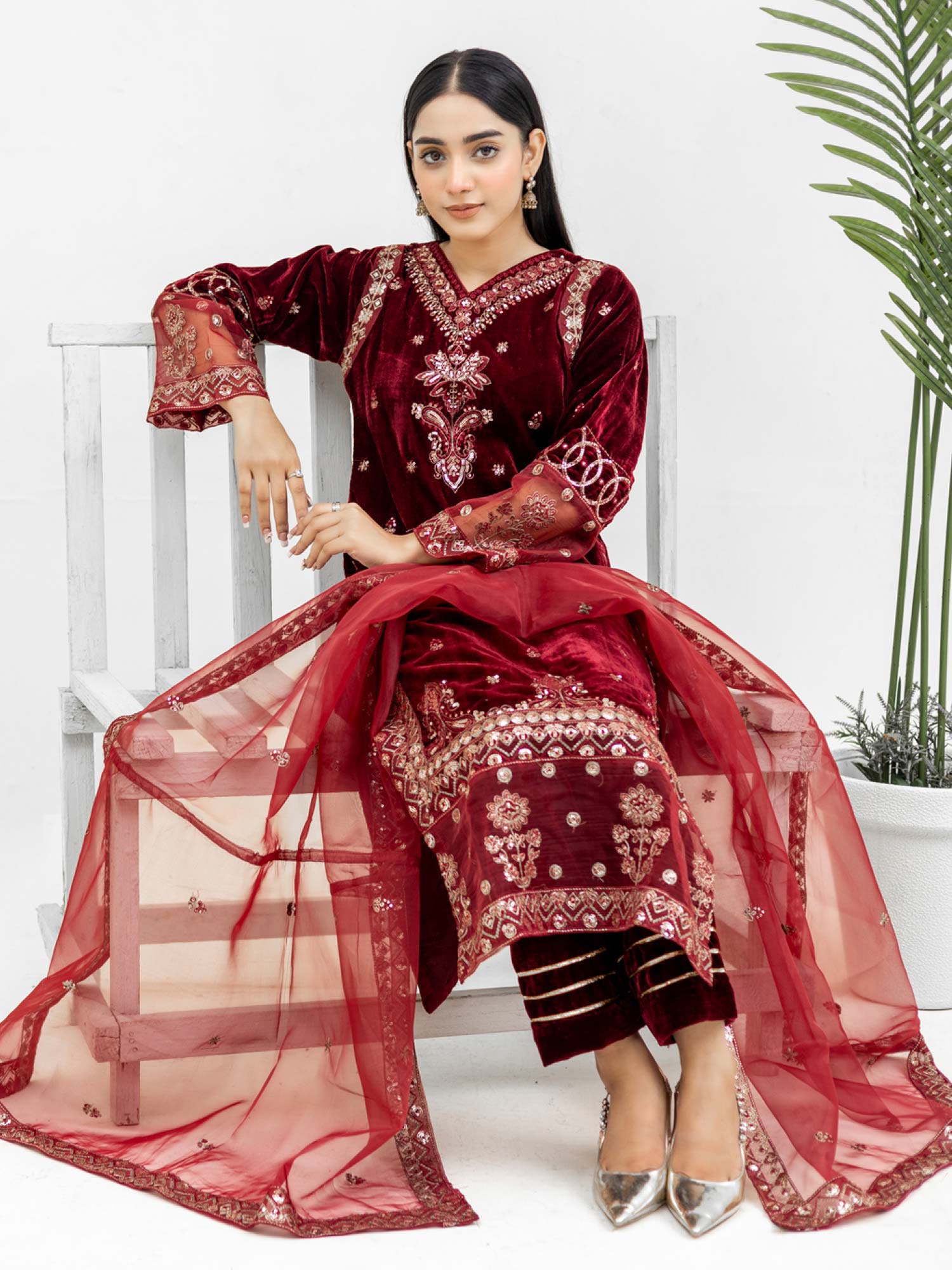 Rangz Velvet Embroidered 3-Piece Suit - Red