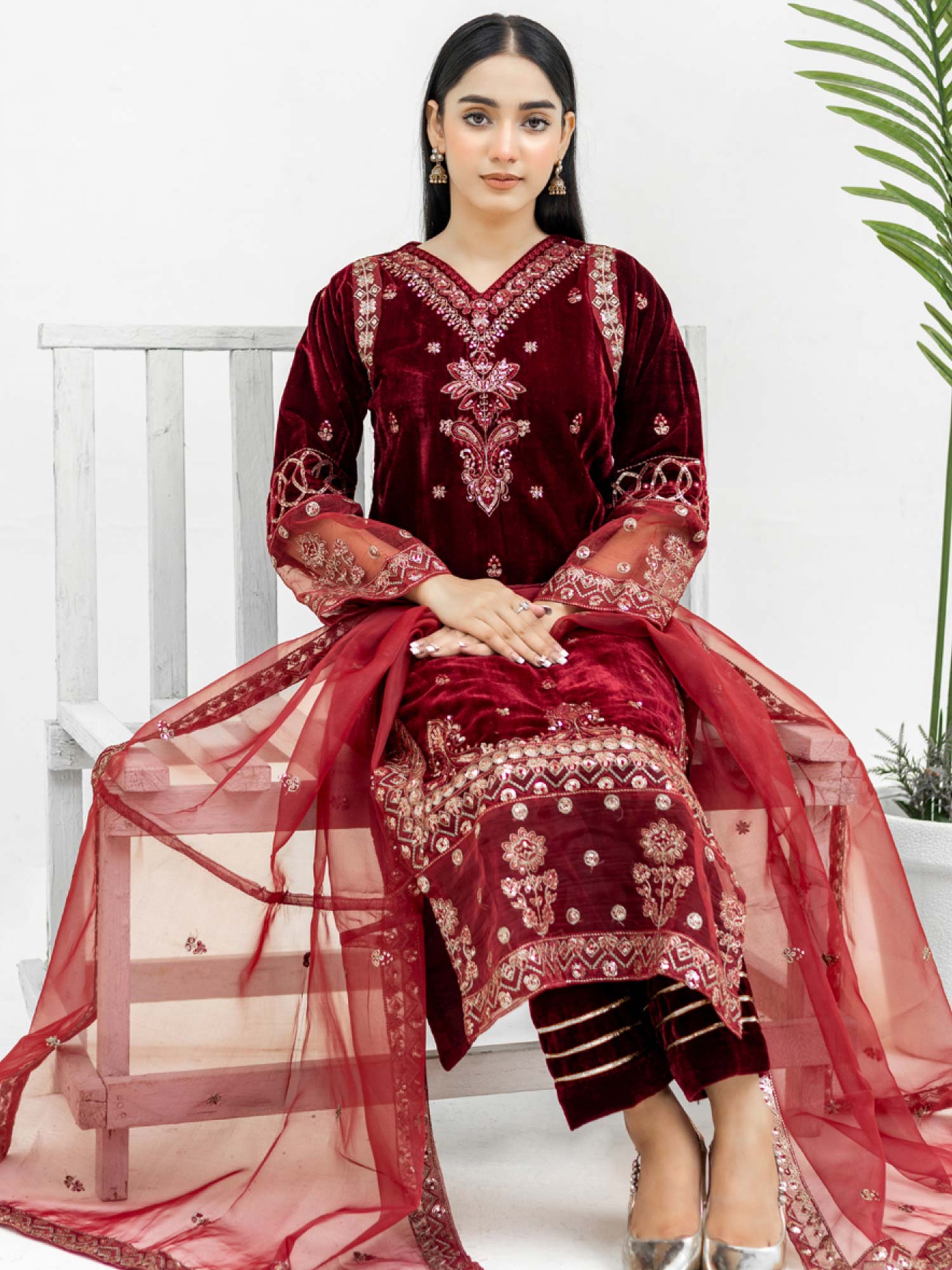 Rangz Velvet Embroidered 3-Piece Suit - Red