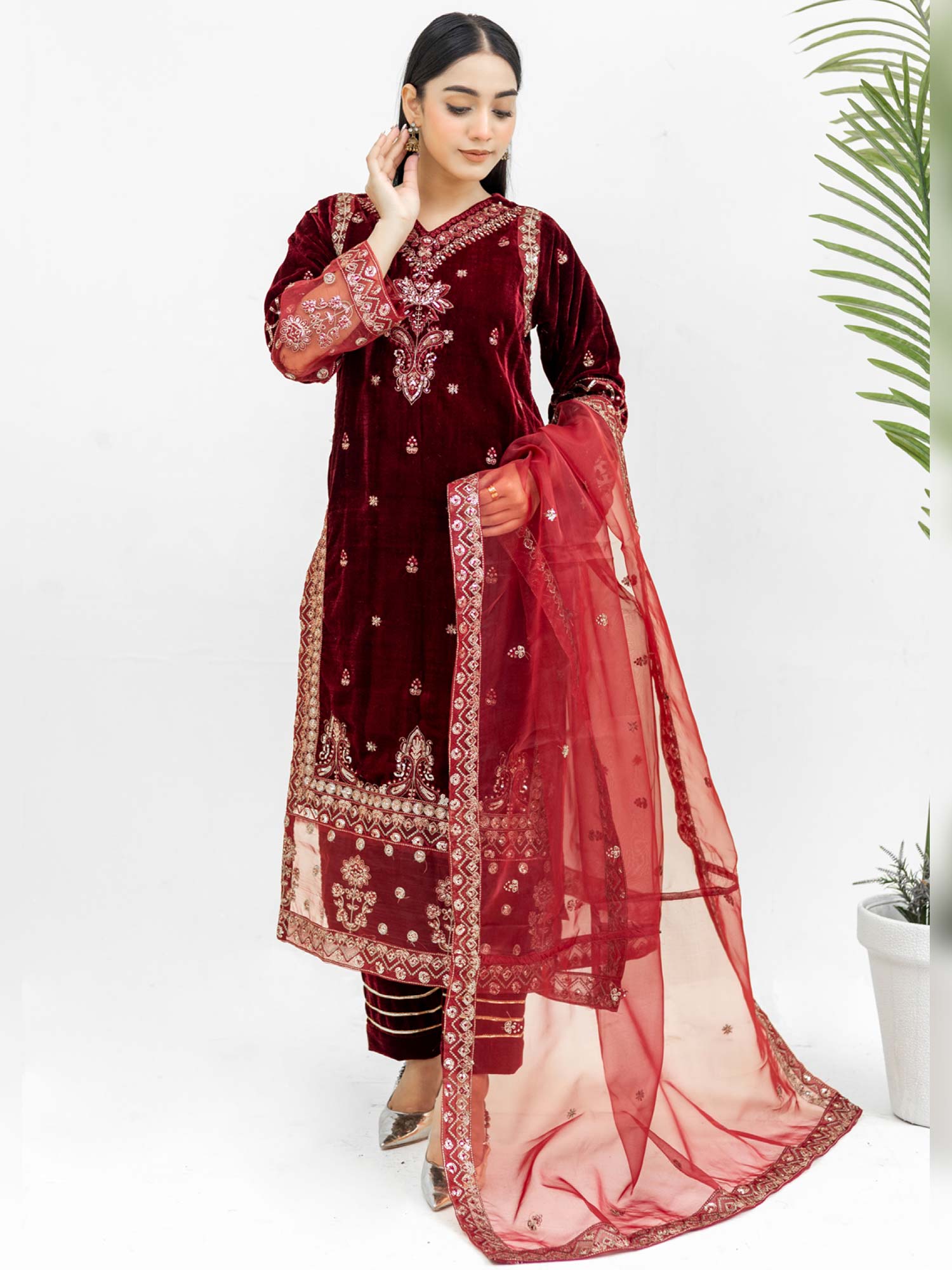 Rangz Velvet Embroidered 3-Piece Suit - Red