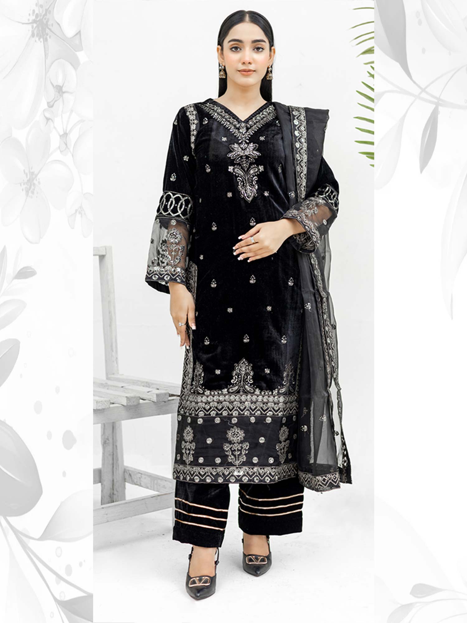 Rangz Velvet Embroidered 3-Piece Suit - Black