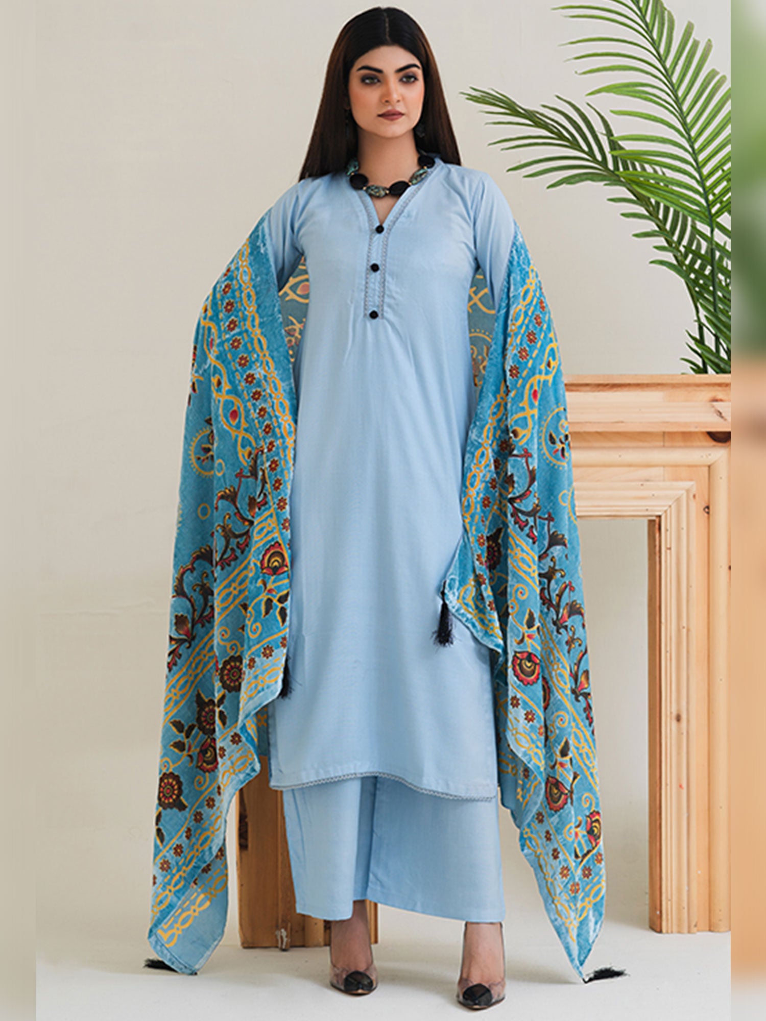 Dem Rangz Rangz Light Blue Winter Dhanak Suit with Plachi Shawl – MOMINA ...