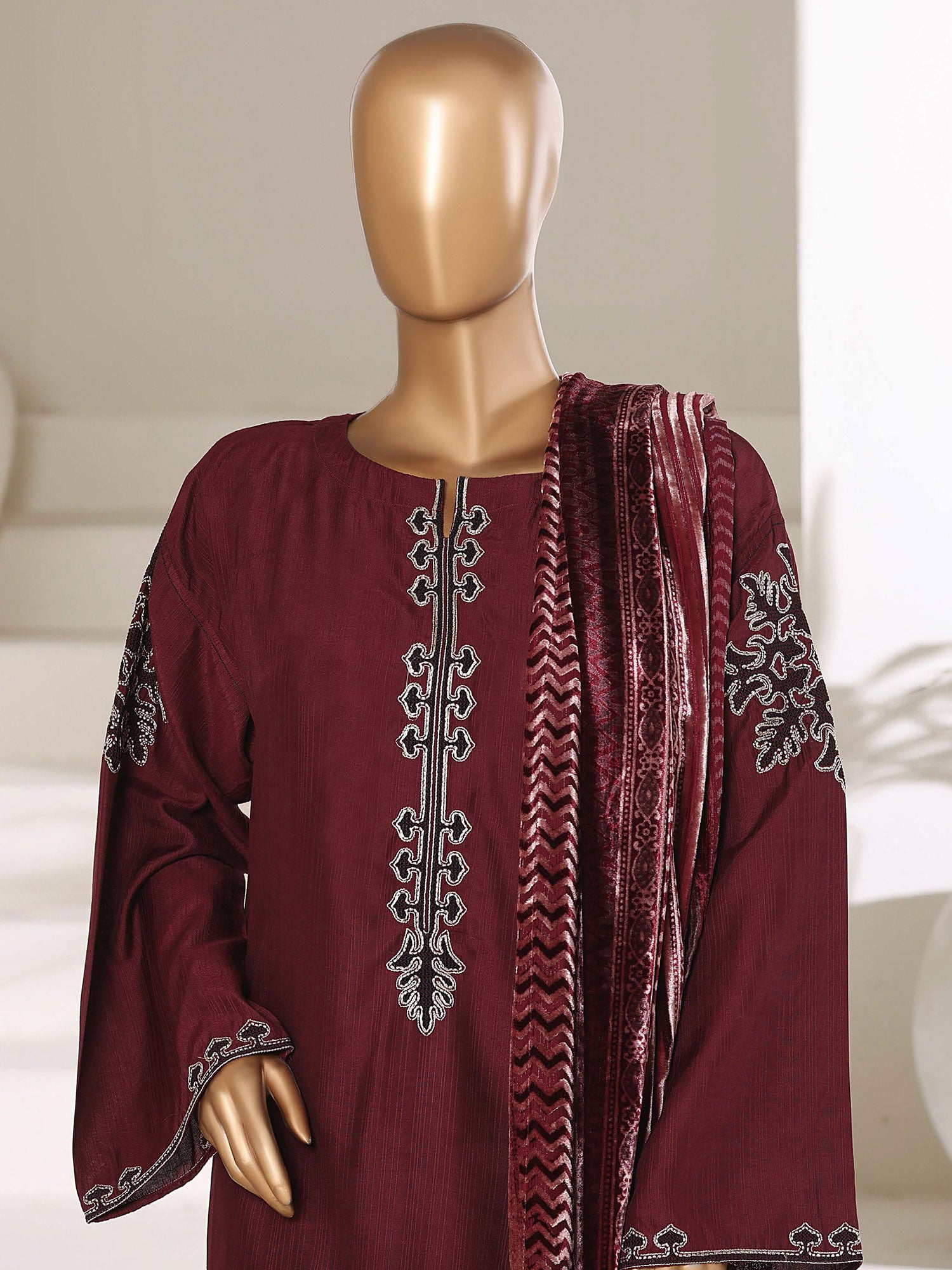 Sadabahar Viscose Suit with Palachi Shawl - Maroon