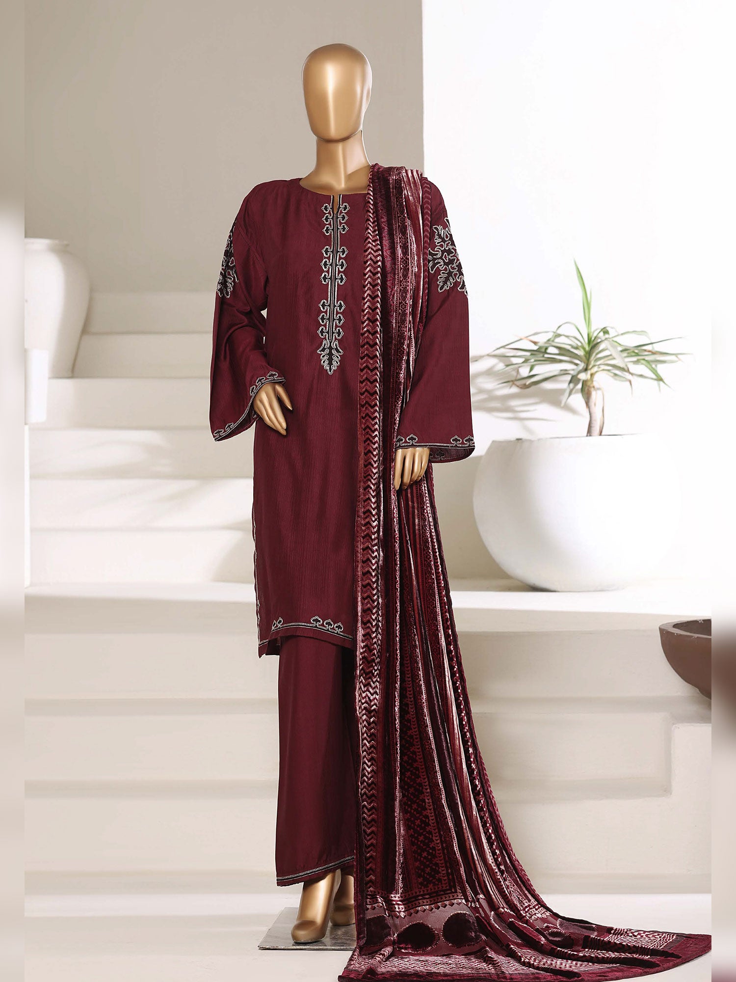 Sadabahar Viscose Suit with Palachi Shawl - Maroon