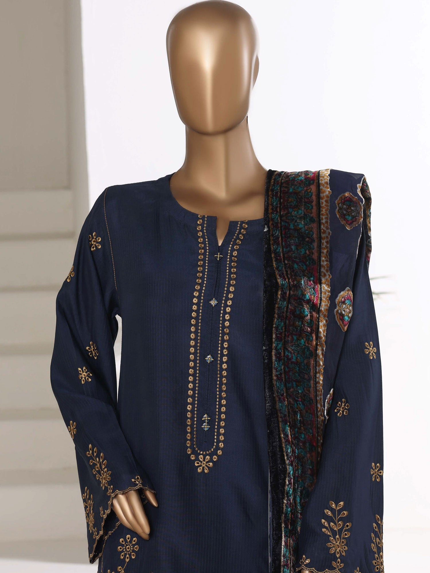 Sadabahar Viscose Suit with Palachi Shawl - Navy Blue
