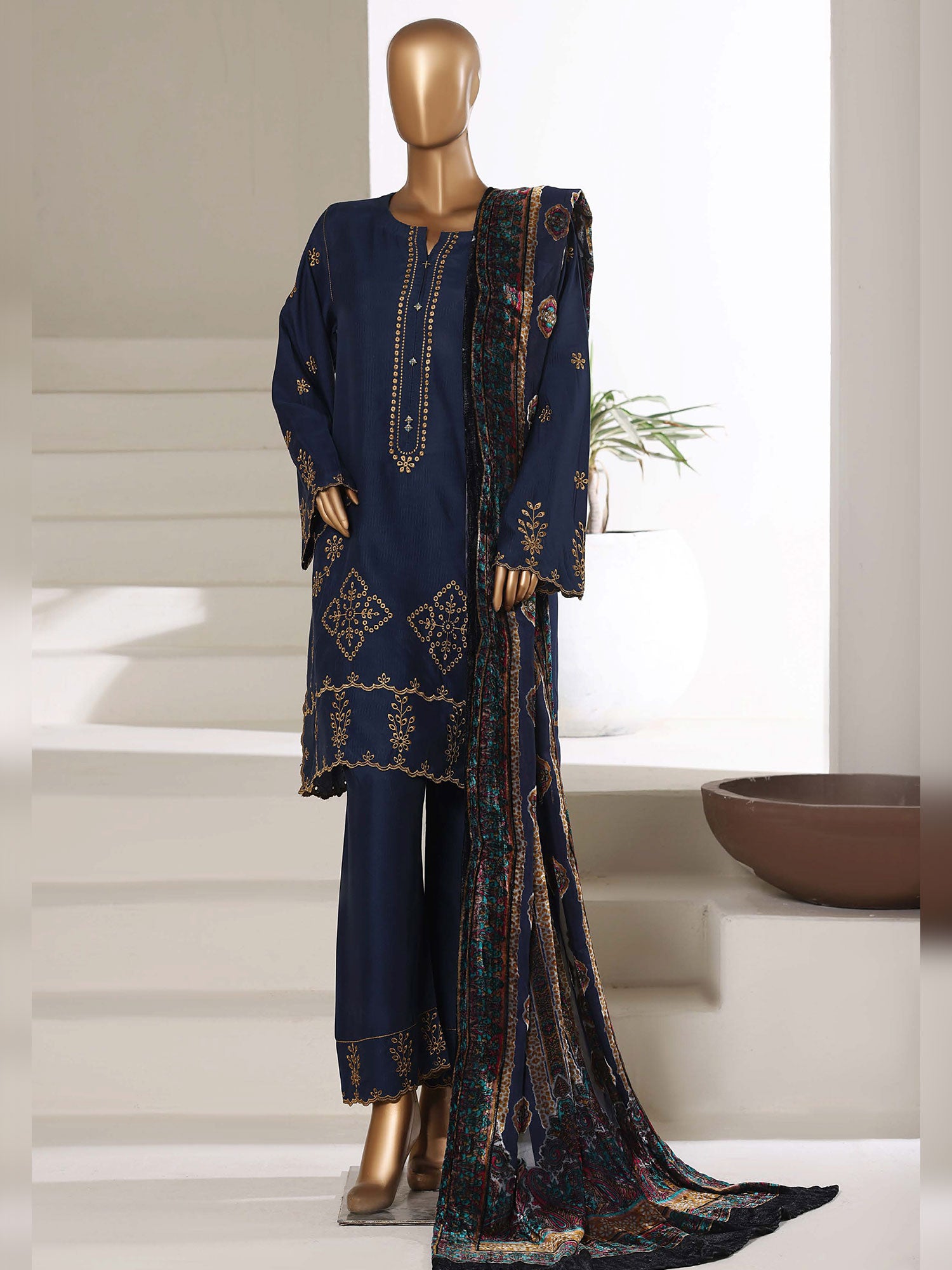 Sadabahar Viscose Suit with Palachi Shawl - Navy Blue