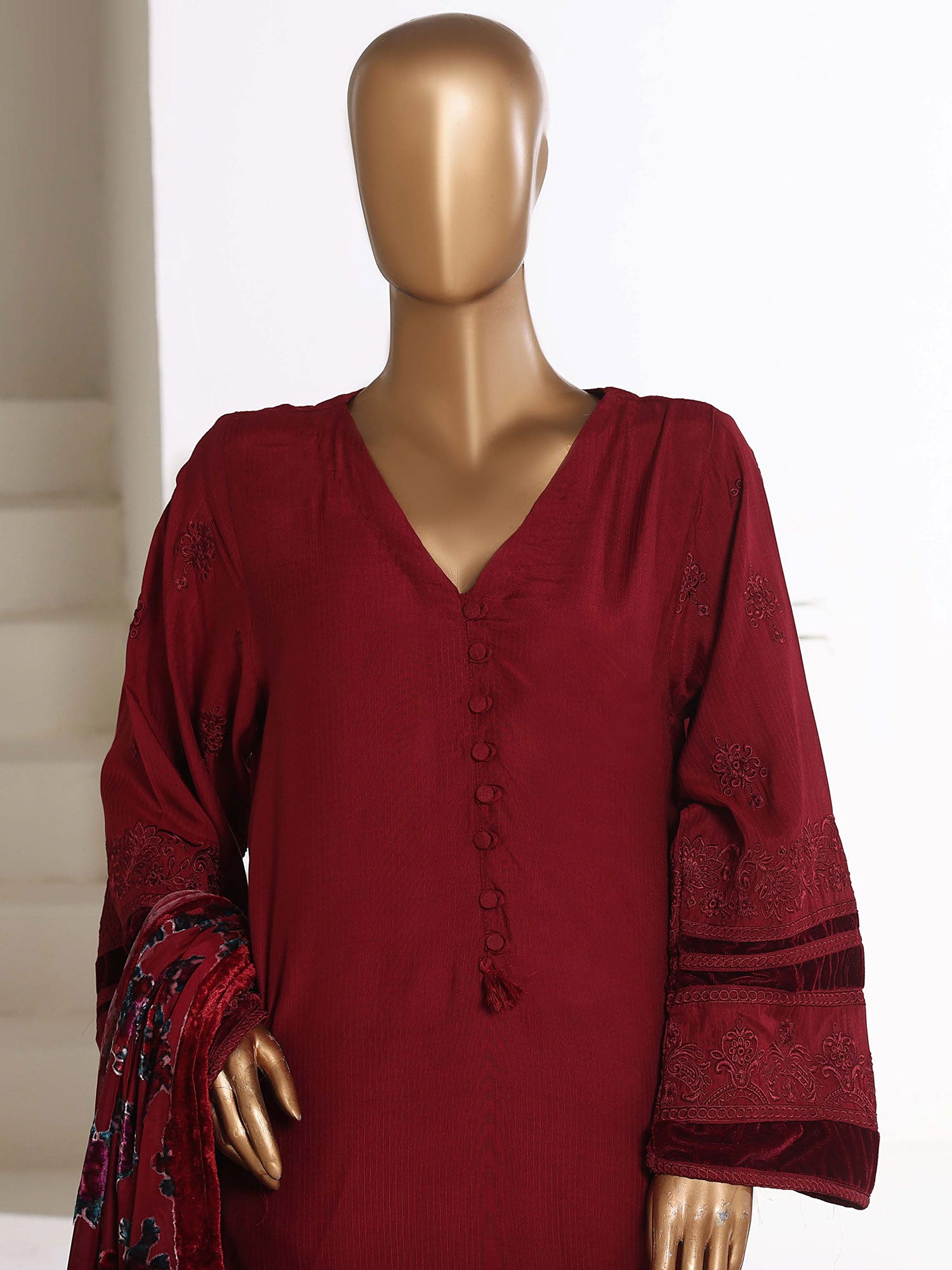 Sadabahar Viscose Suit with Palachi Shawl - Red
