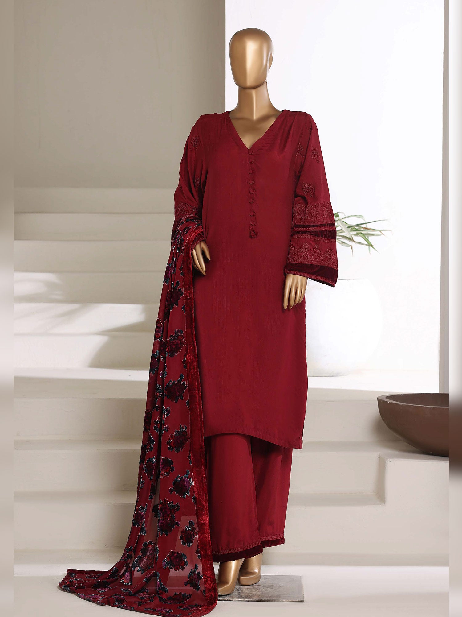 Sadabahar Viscose Suit with Palachi Shawl - Red