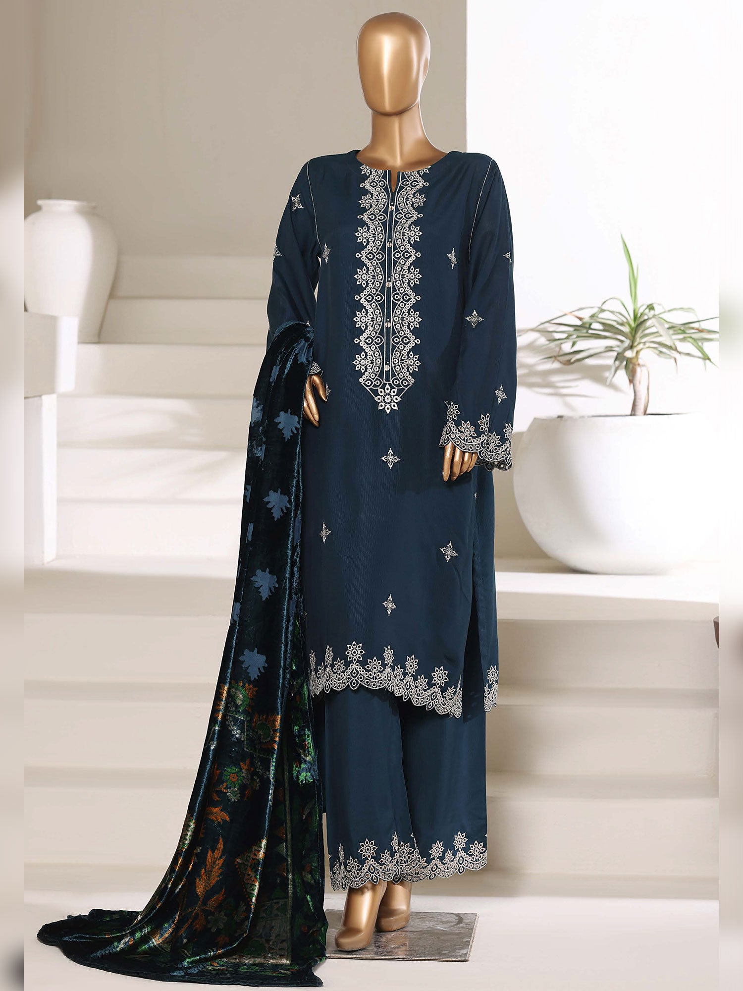 Sadabahar Viscose Suit with Palachi Shawl - Teal