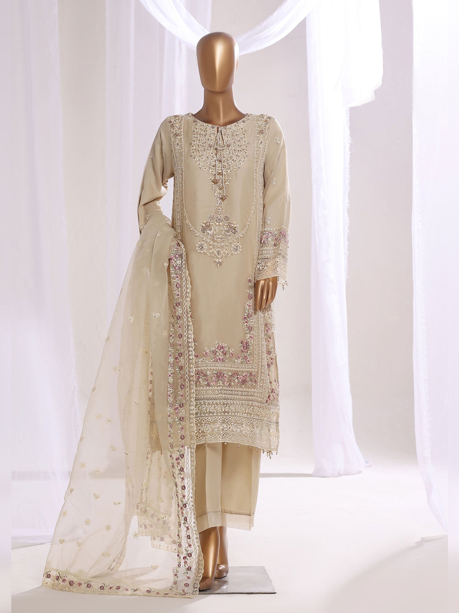 Sadabahar "Mahpara Vol.16" Festive Embroidered Chiffon Suit - Gold-Beige