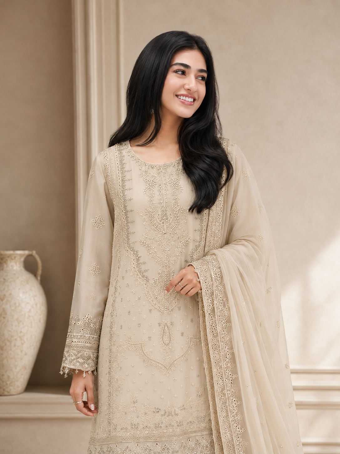 Sadabahar Luxury Embellished Chiffon Suit - Cream