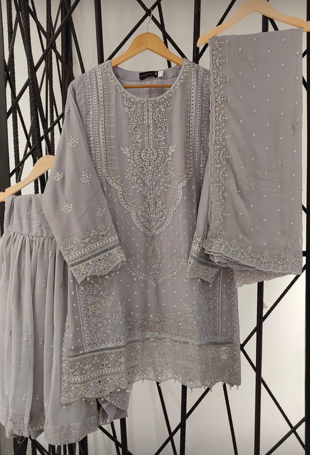 Sadabahar Luxury Embellished Chiffon Suit - Grey