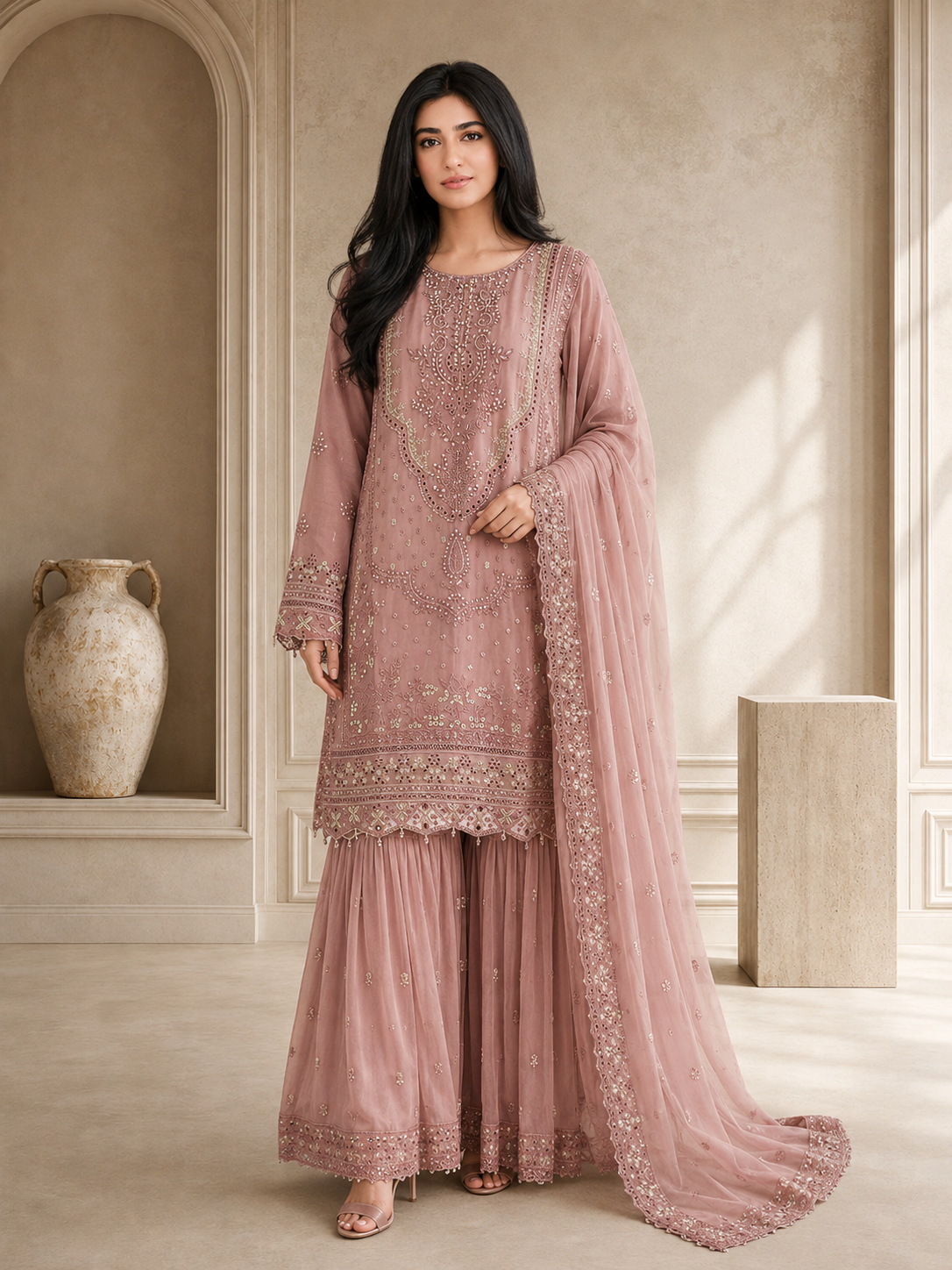 Sadabahar Luxury Embellished Chiffon Suit - Dusky Pink