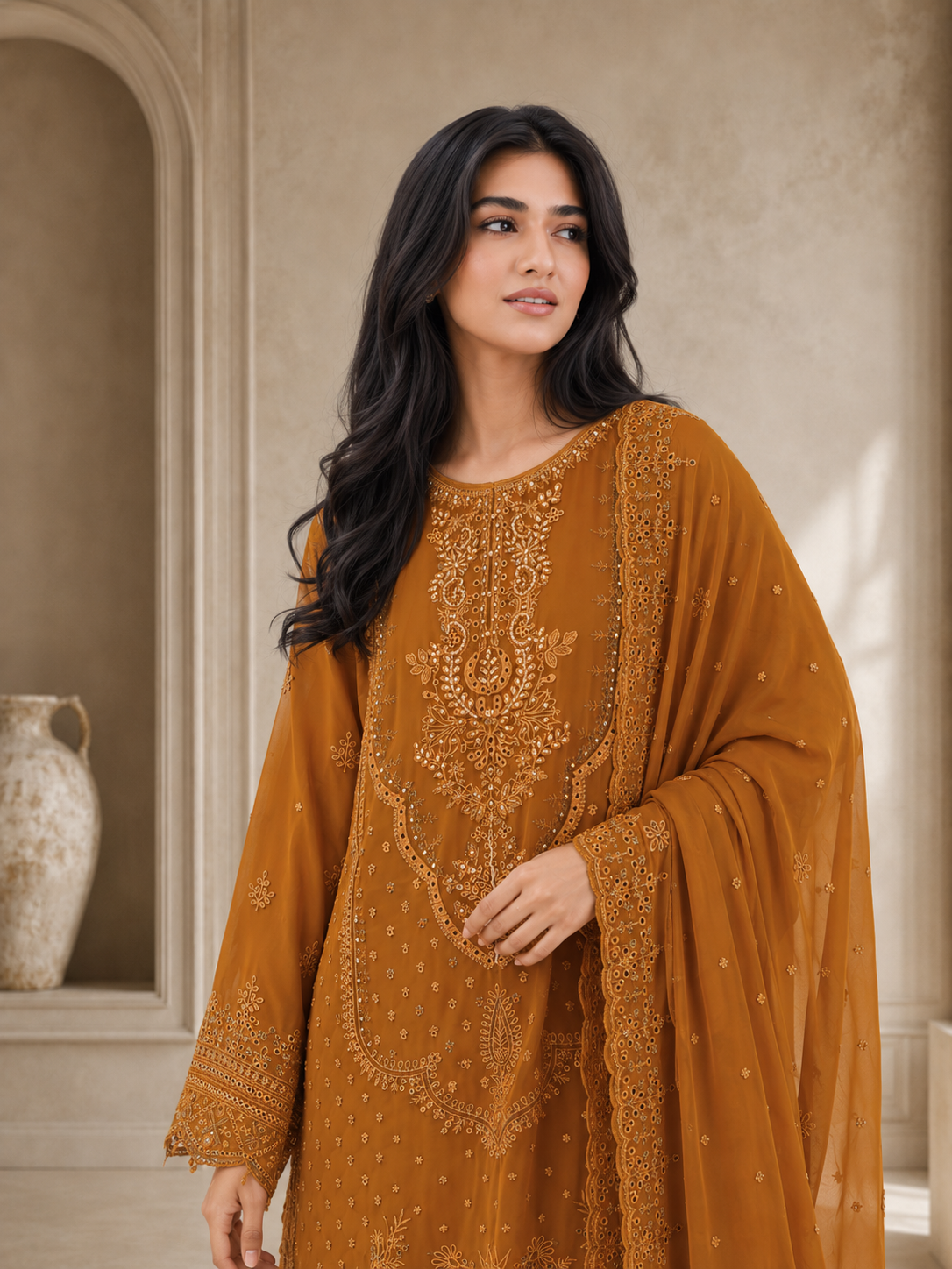 Sadabahar Luxury Embellished Chiffon Suit - Rust Orange