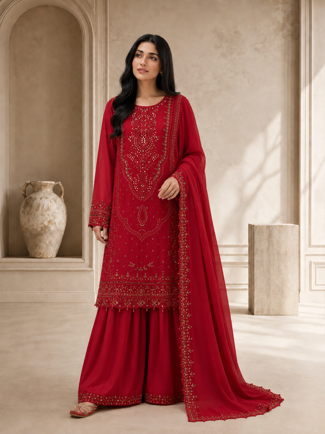 Sadabahar Luxury Embellished Chiffon Suit - Red
