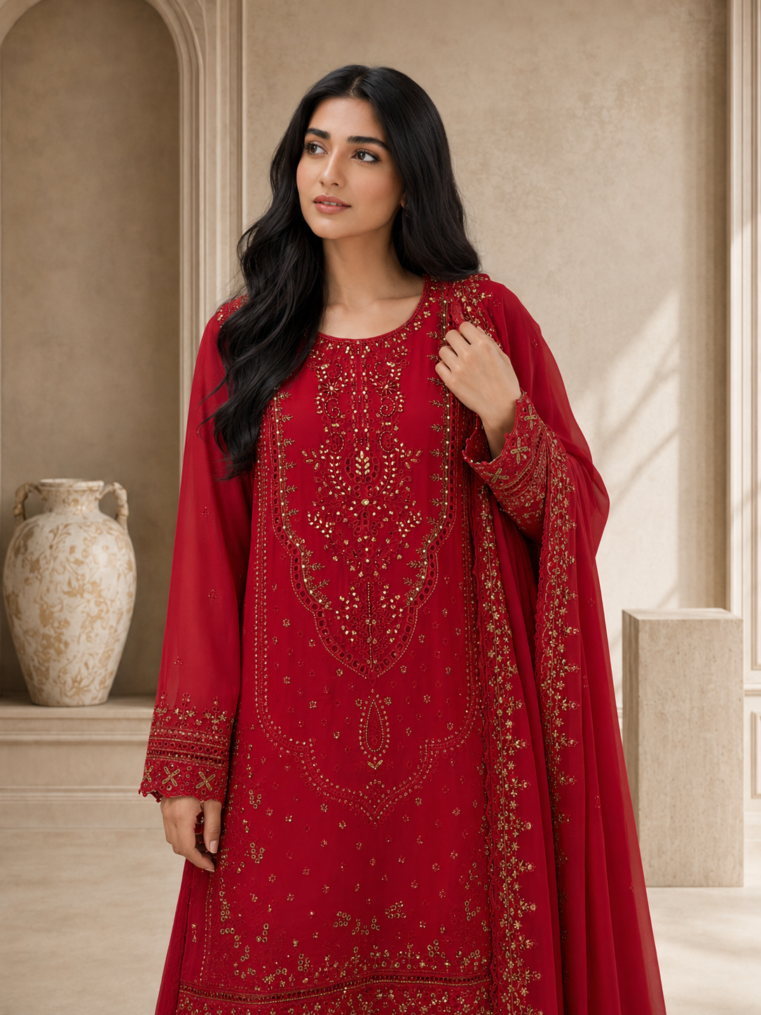 Sadabahar Luxury Embellished Chiffon Suit - Red