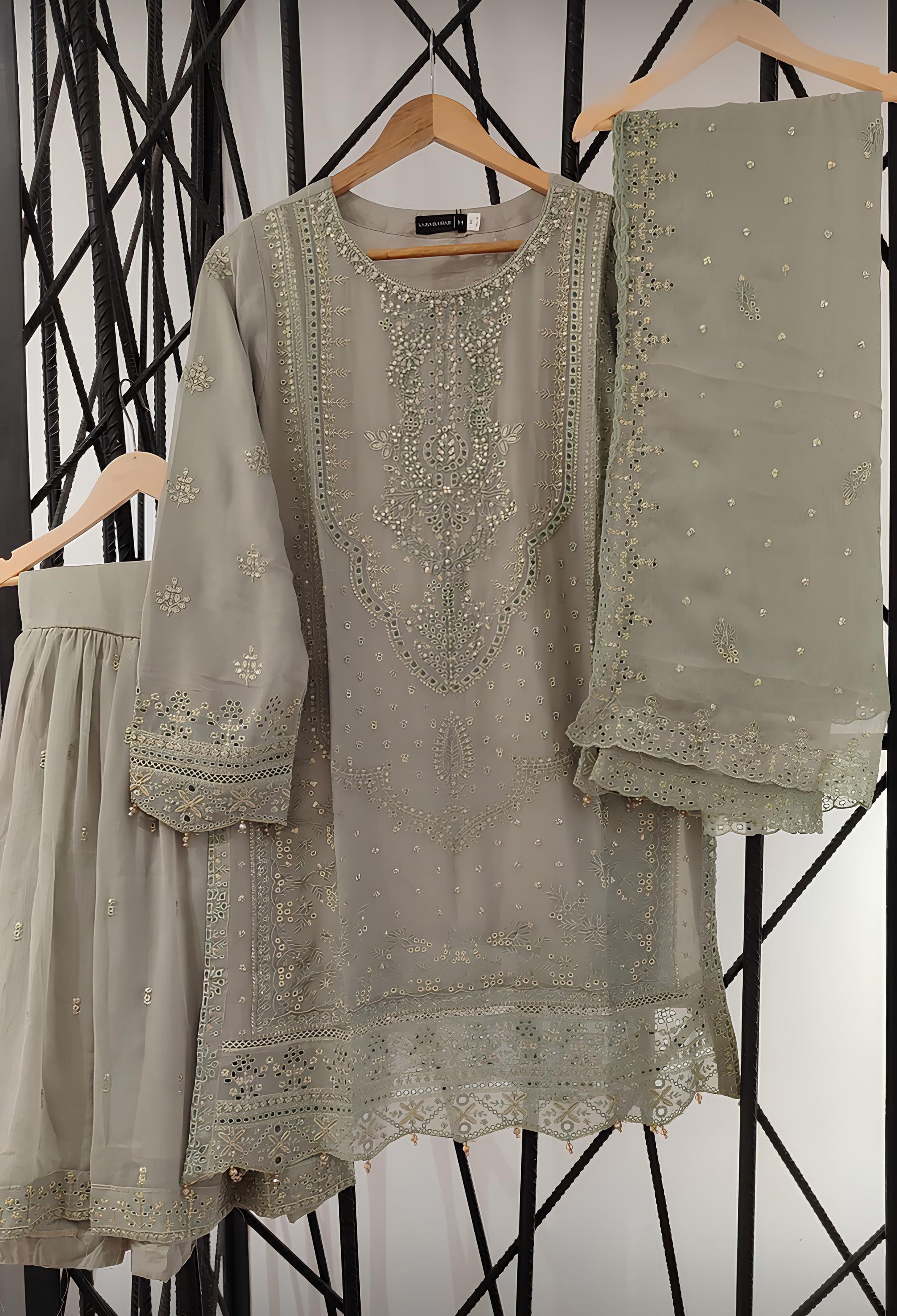 Sadabahar Luxury Embellished Chiffon Suit - Sage Green