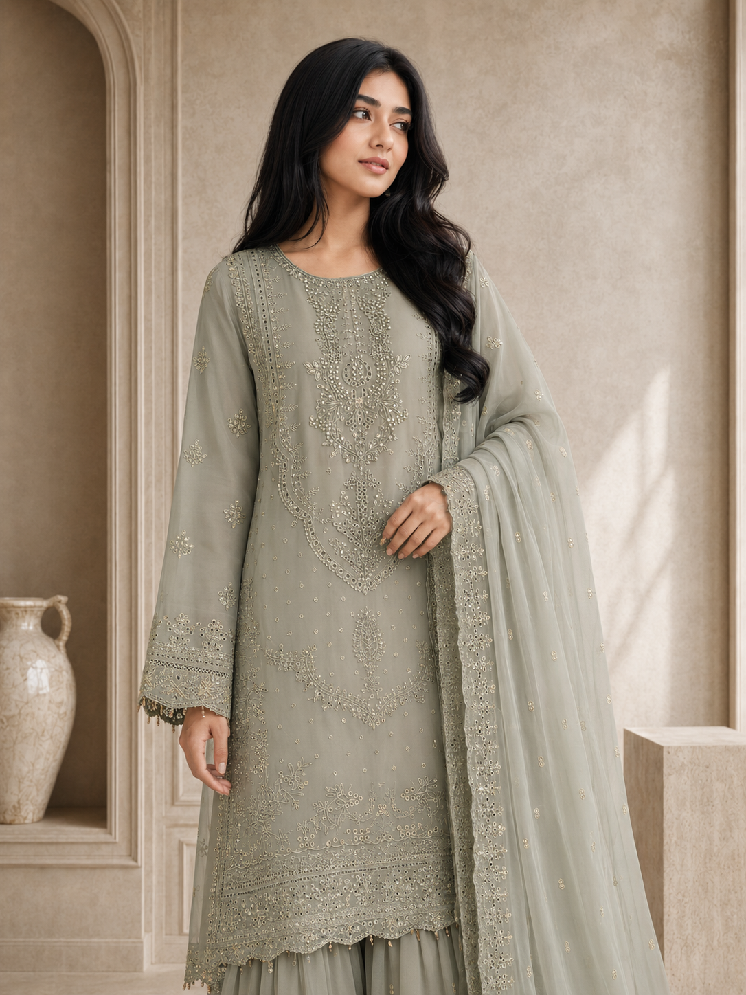 Sadabahar Luxury Embellished Chiffon Suit - Sage Green