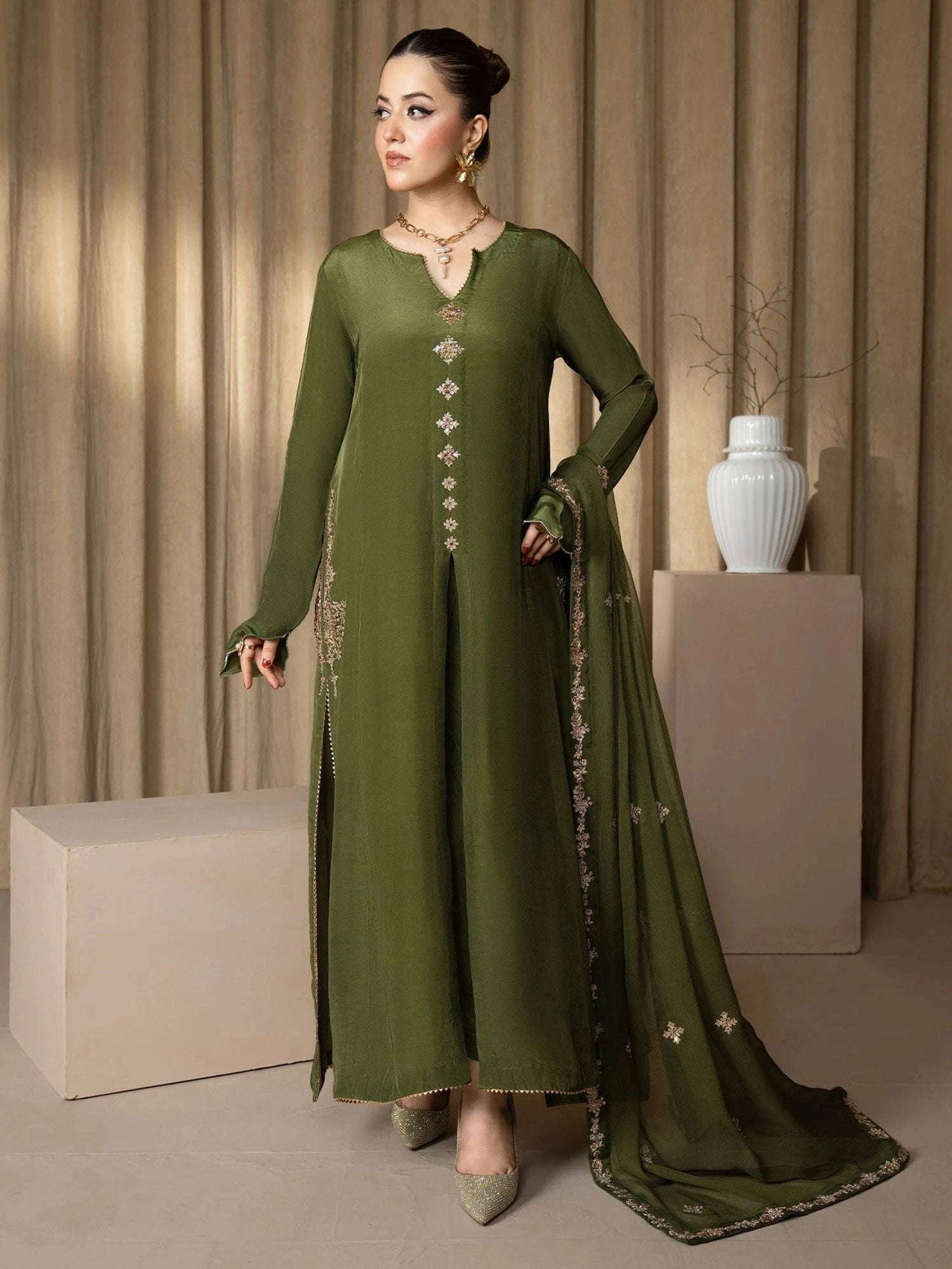SIFA Green Embroidered Long Length Silk 3-Piece Suit