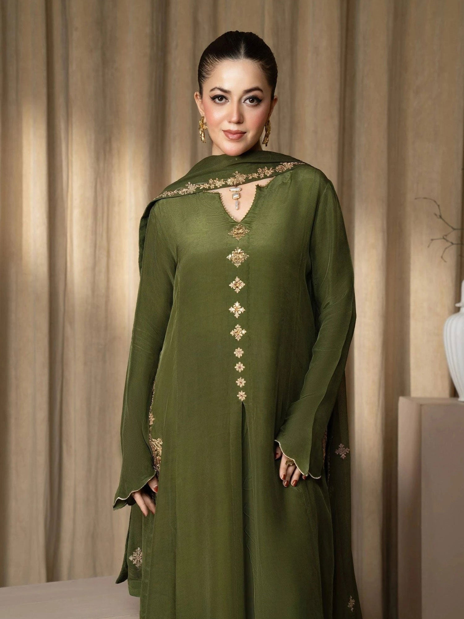 SIFA Green Embroidered Long Length Silk 3-Piece Suit