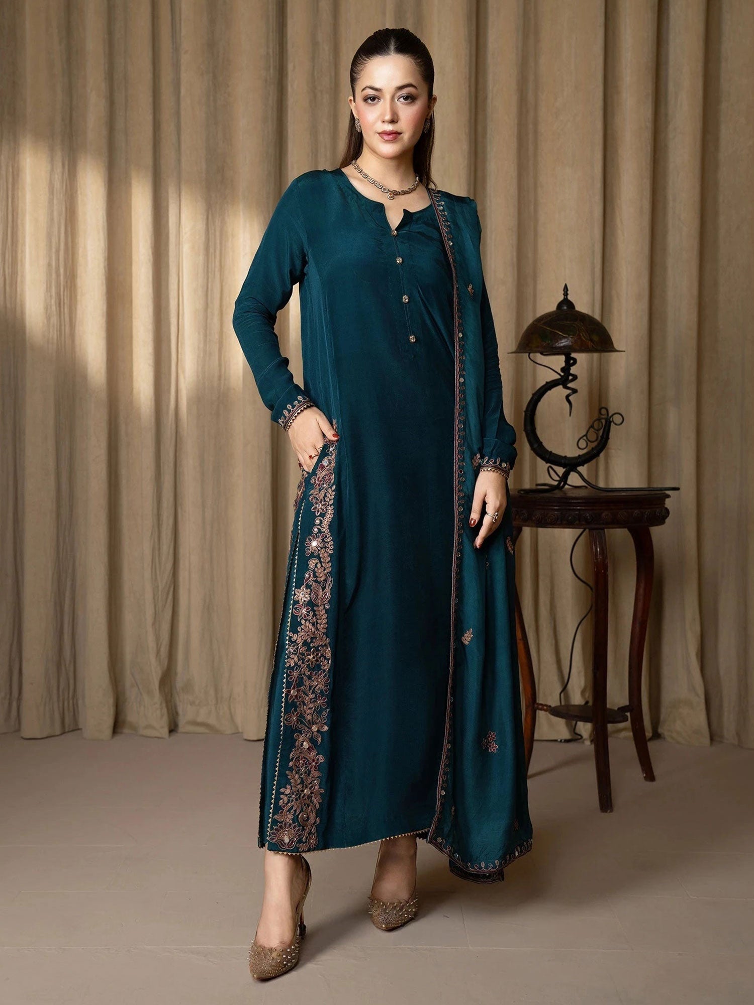 SIFA Teal Embroidered Silk 3-Piece Suit