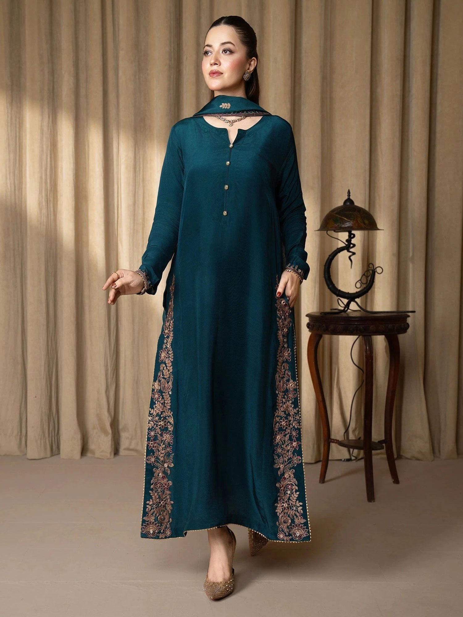 SIFA Teal Embroidered Silk 3-Piece Suit