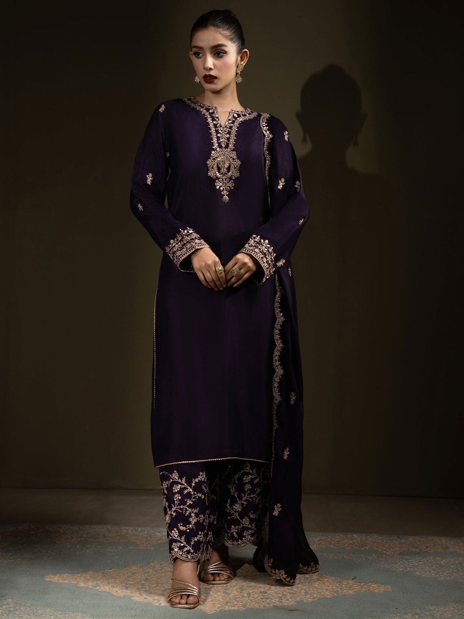 SIFA Plum Embroidered Silk 3-Piece Suit