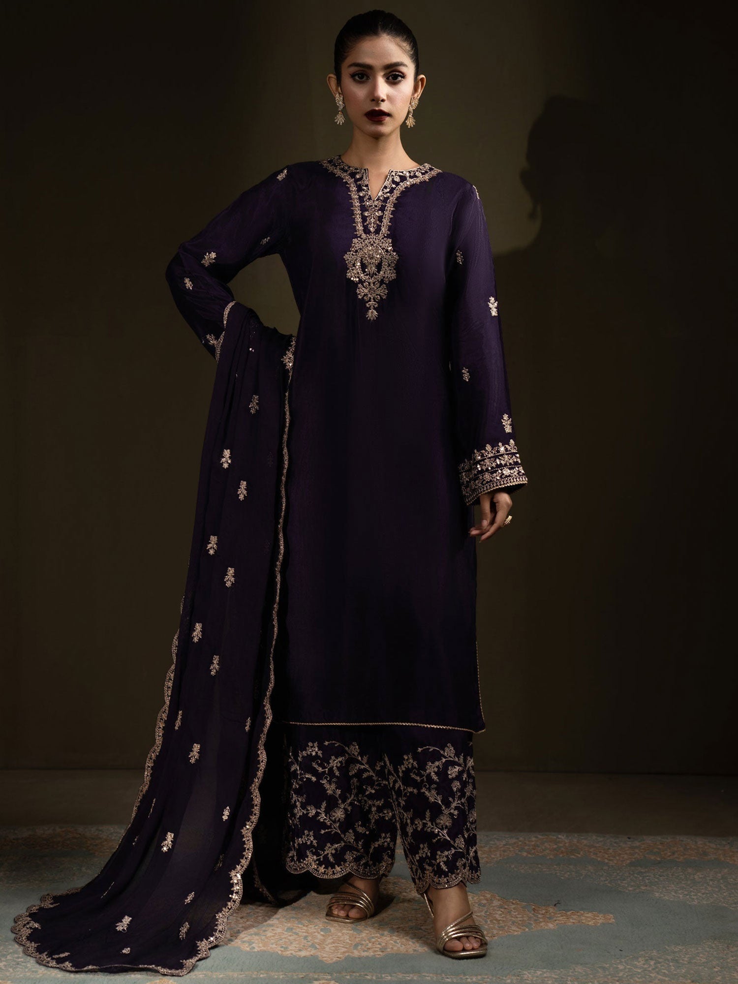 SIFA Plum Embroidered Silk 3-Piece Suit