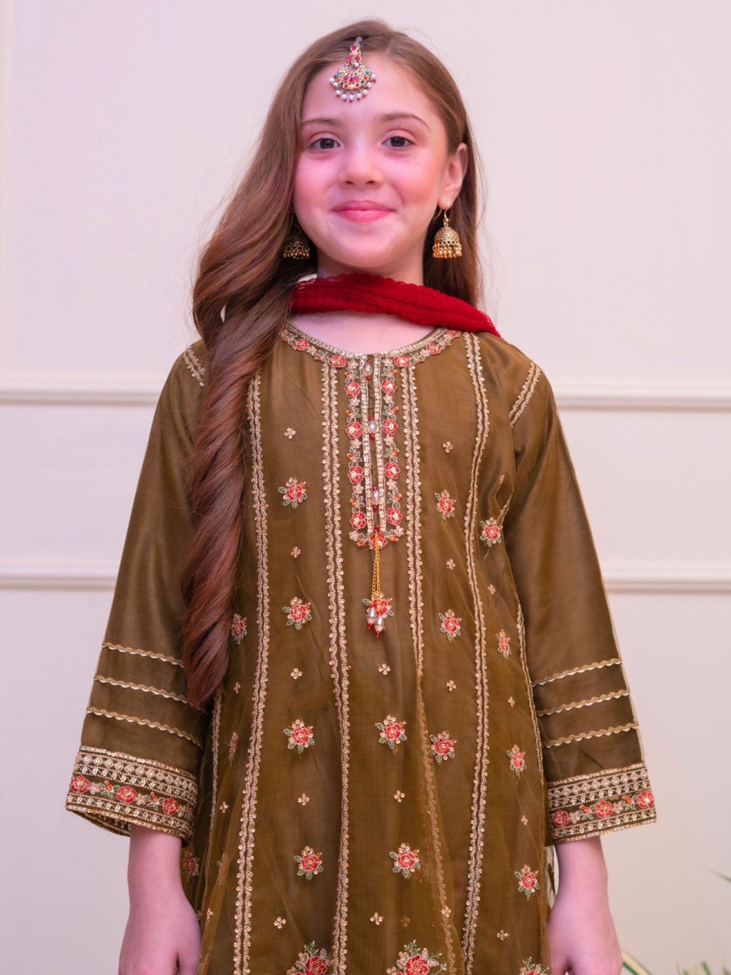 Kids Embroidered Organza Frock Style Suit - Olive