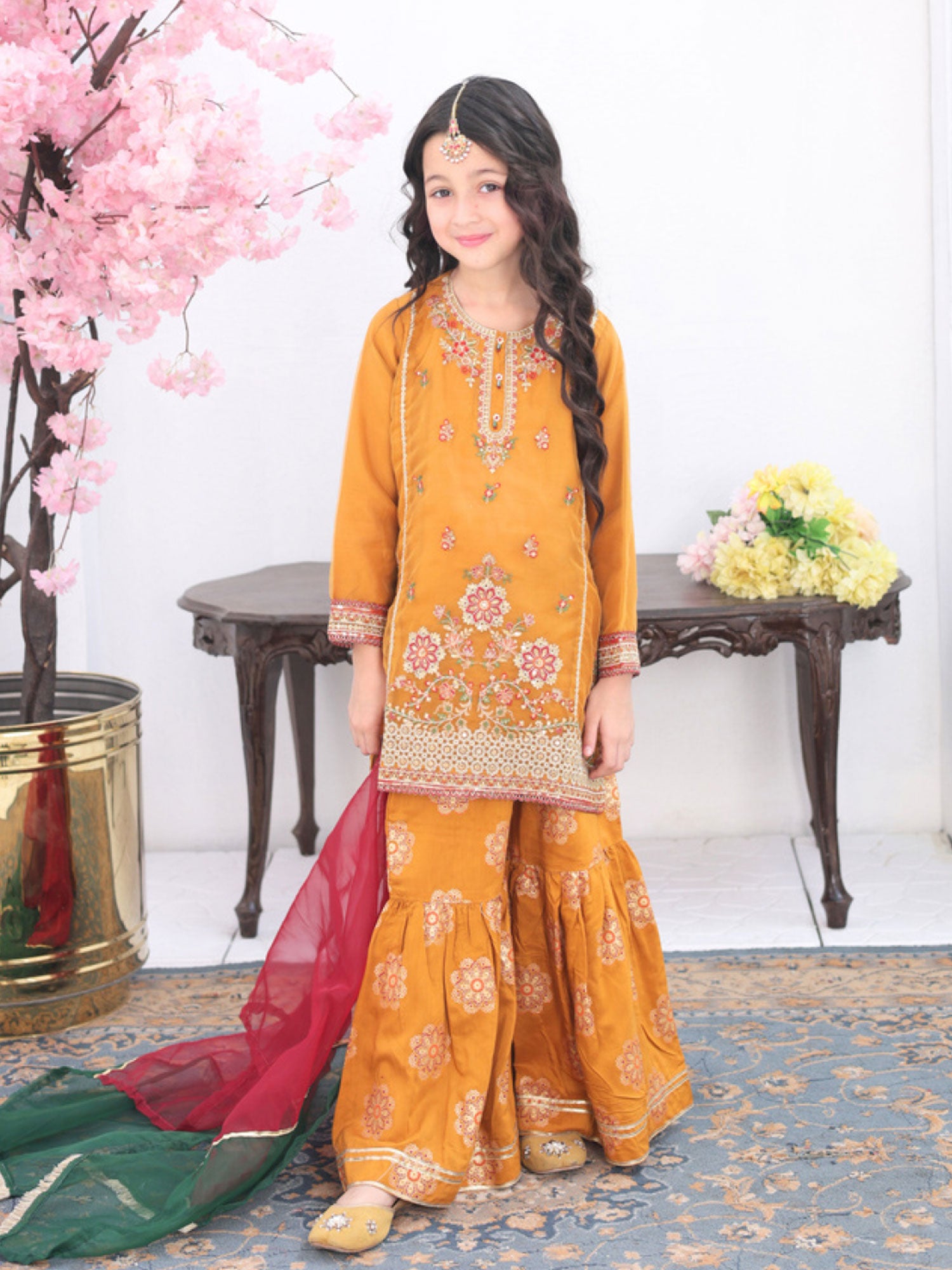 Kids Embroidered Organza Suit with Gharara - Mustard