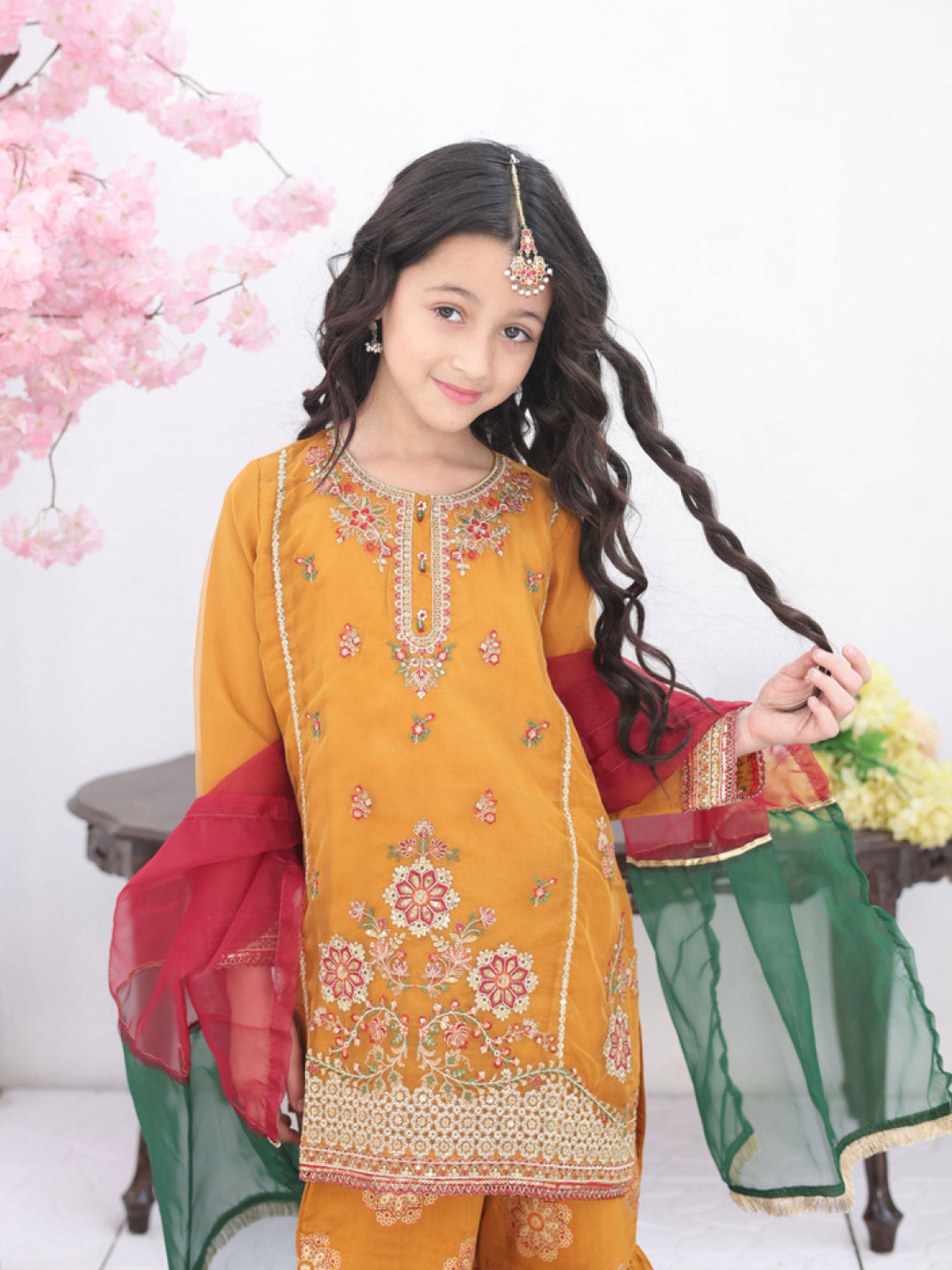 Kids Embroidered Organza Suit with Gharara - Mustard