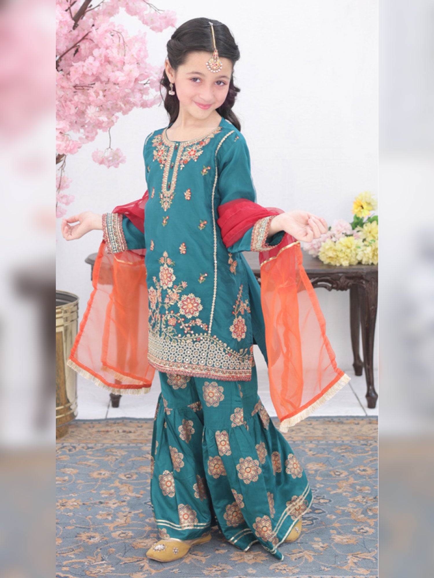 Kids Embroidered Organza Suit with Gharara - Teal