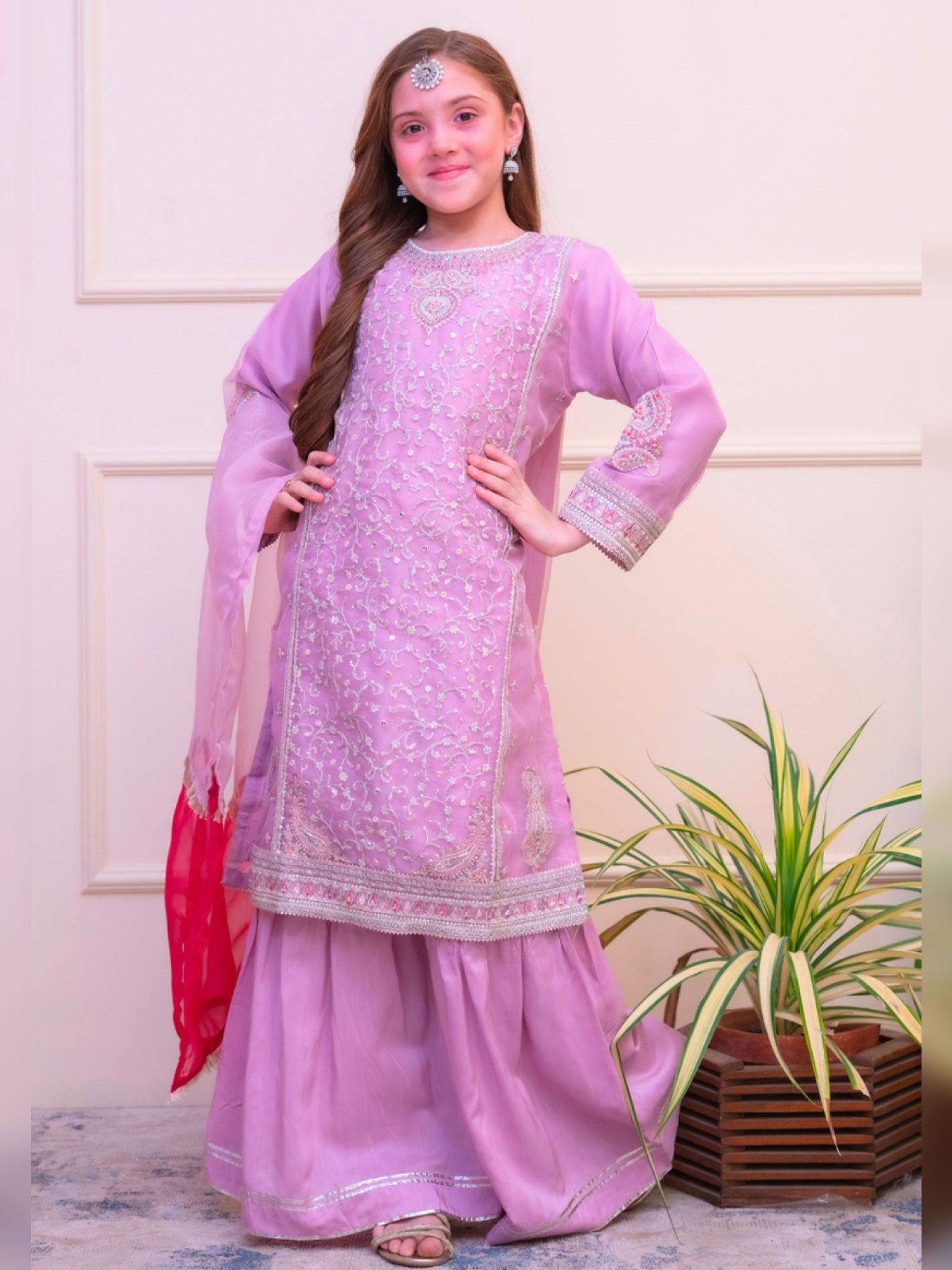 Kids Embroidered Organza Suit with Silk Gharara - Lilac