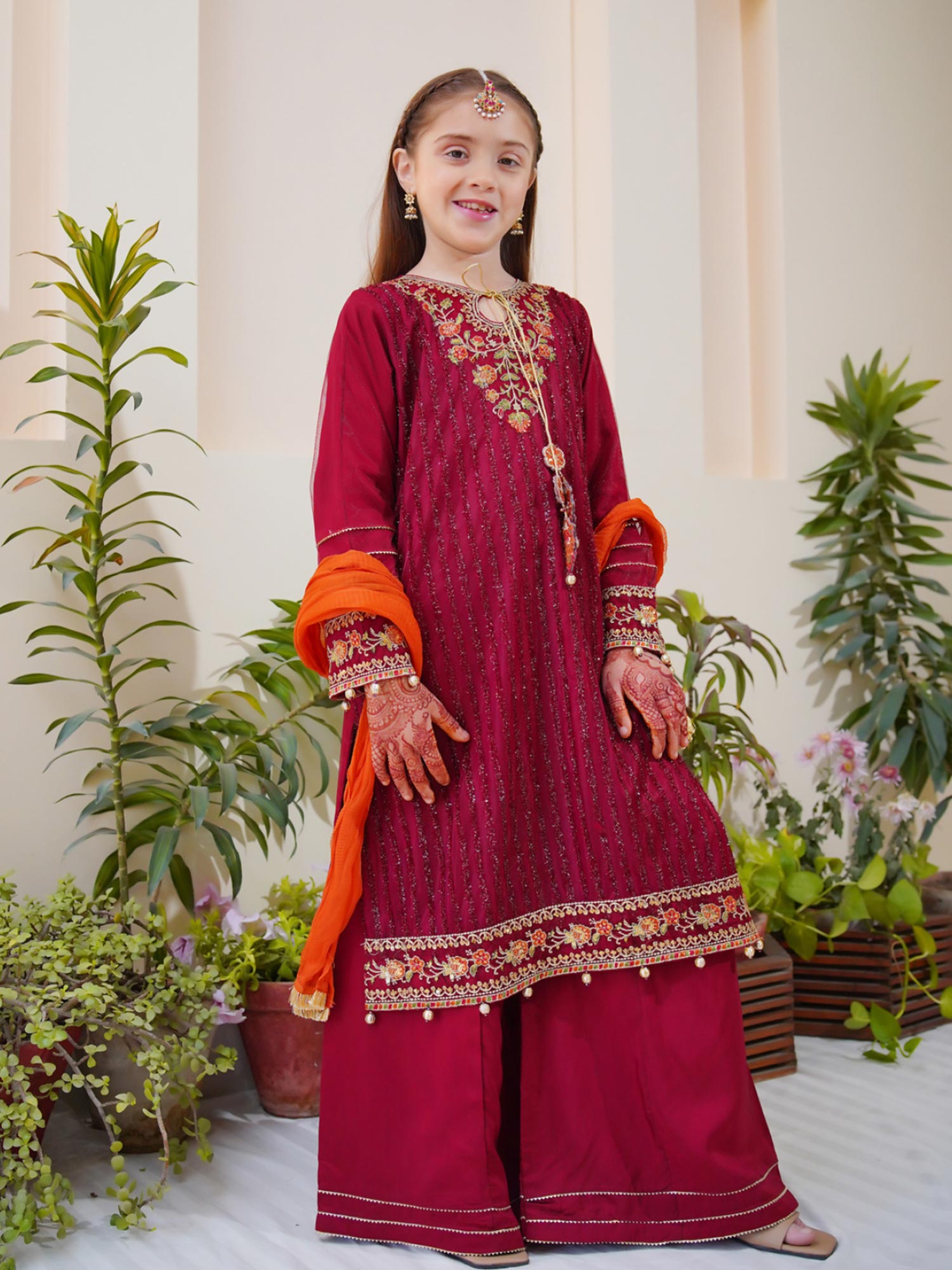 Kids Embroidered Net 3-Piece Suit with Silk Sharara - Maroon