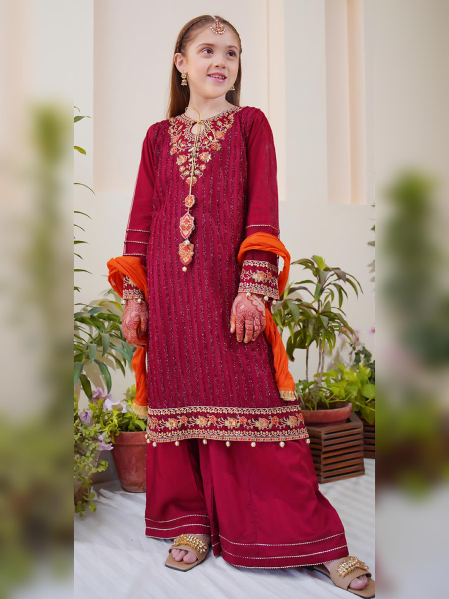 Kids Embroidered Net 3-Piece Suit with Silk Sharara - Maroon
